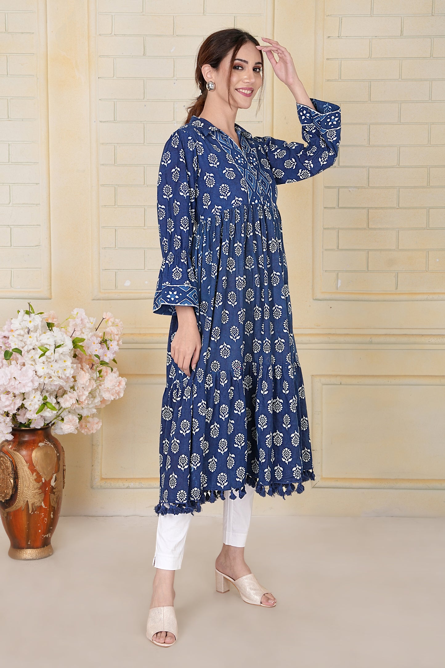Indigo Jaipuri Cotton Block Printed Tiered Kurta with Tassel Hem