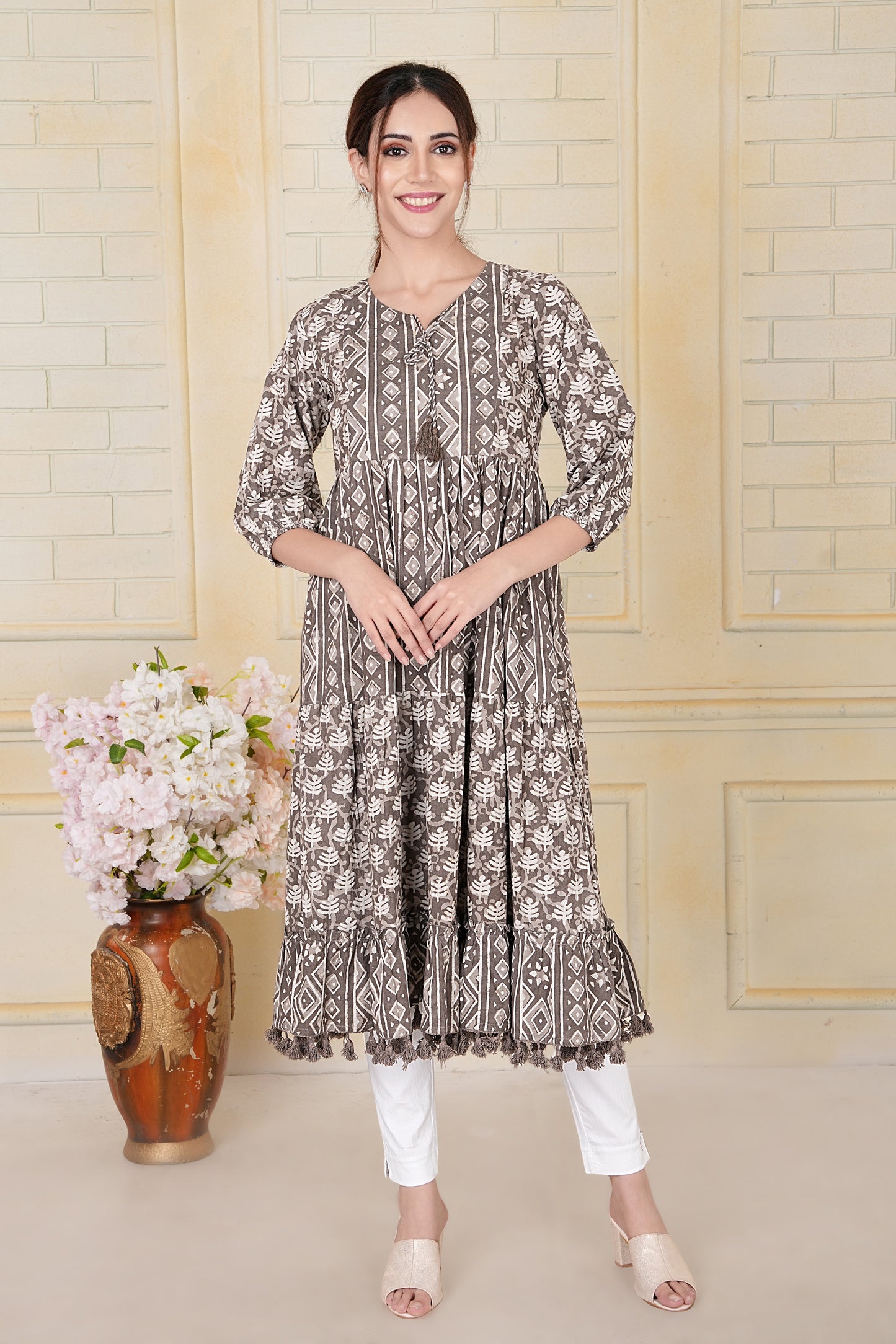 Earthy Brown Dabu Print Cotton Kurti with Tassel Details