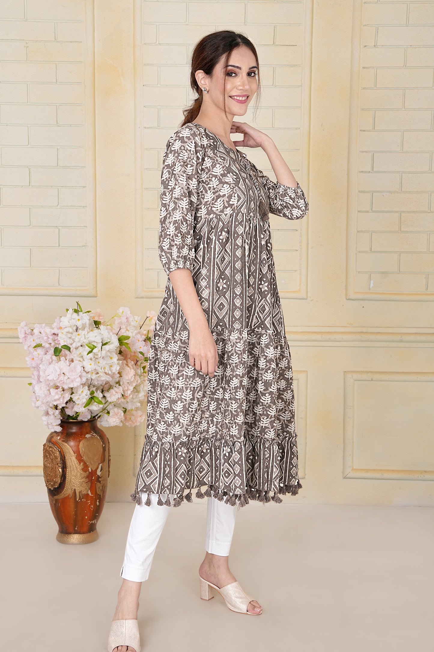 Earthy Brown Dabu Print Cotton Kurti with Tassel Details