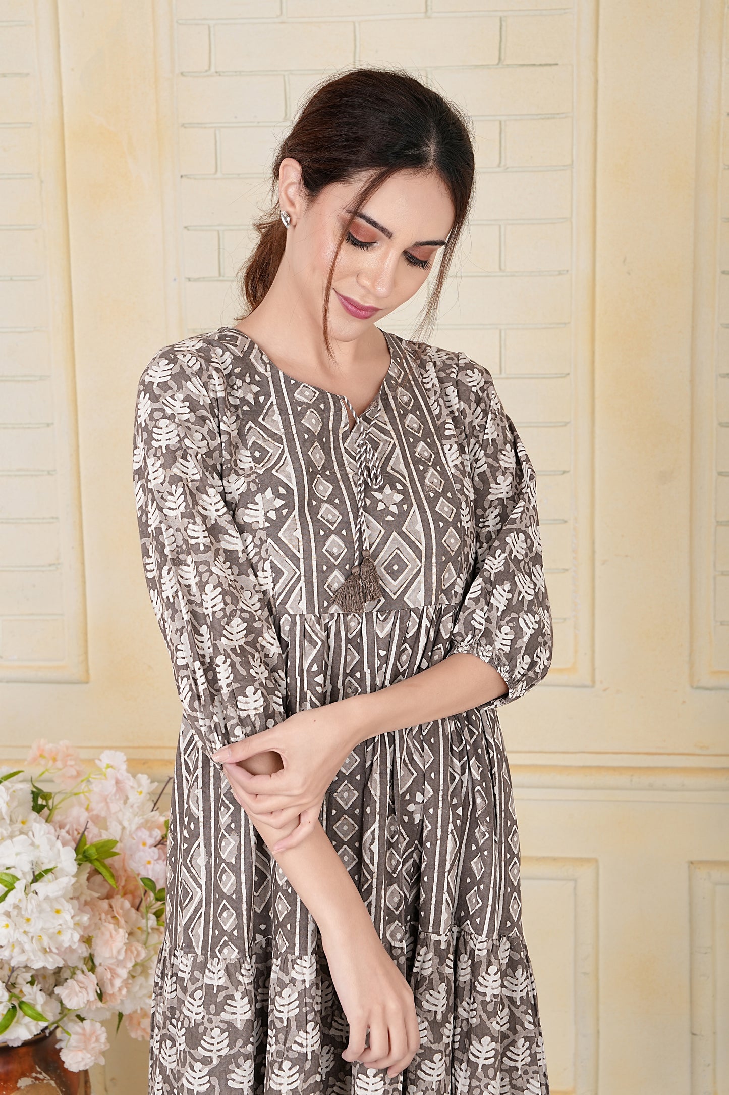 Earthy Brown Dabu Print Cotton Kurti with Tassel Details