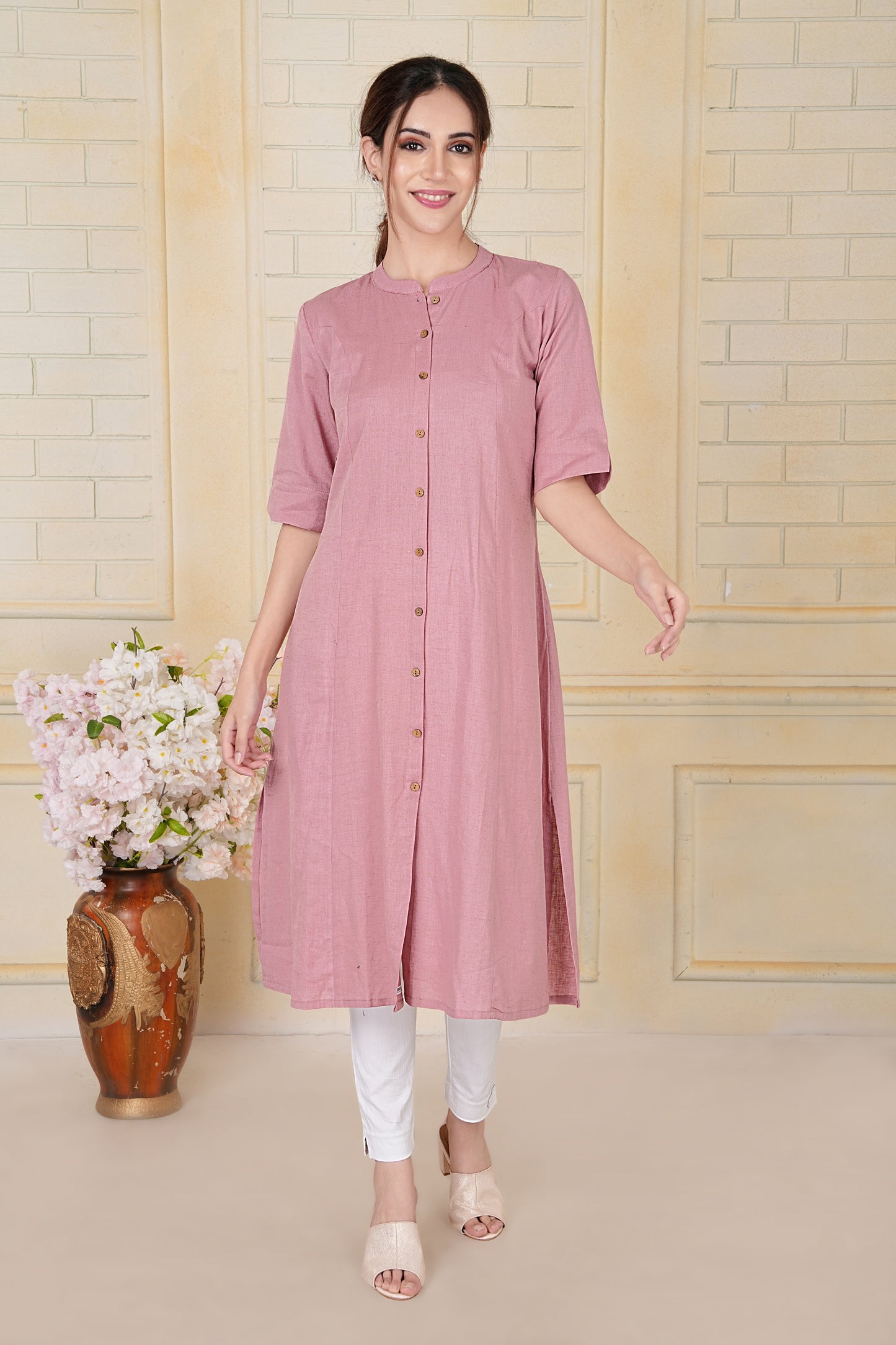 Blush Pink Flax Cotton A-Line Kurta with Front Button Detailing