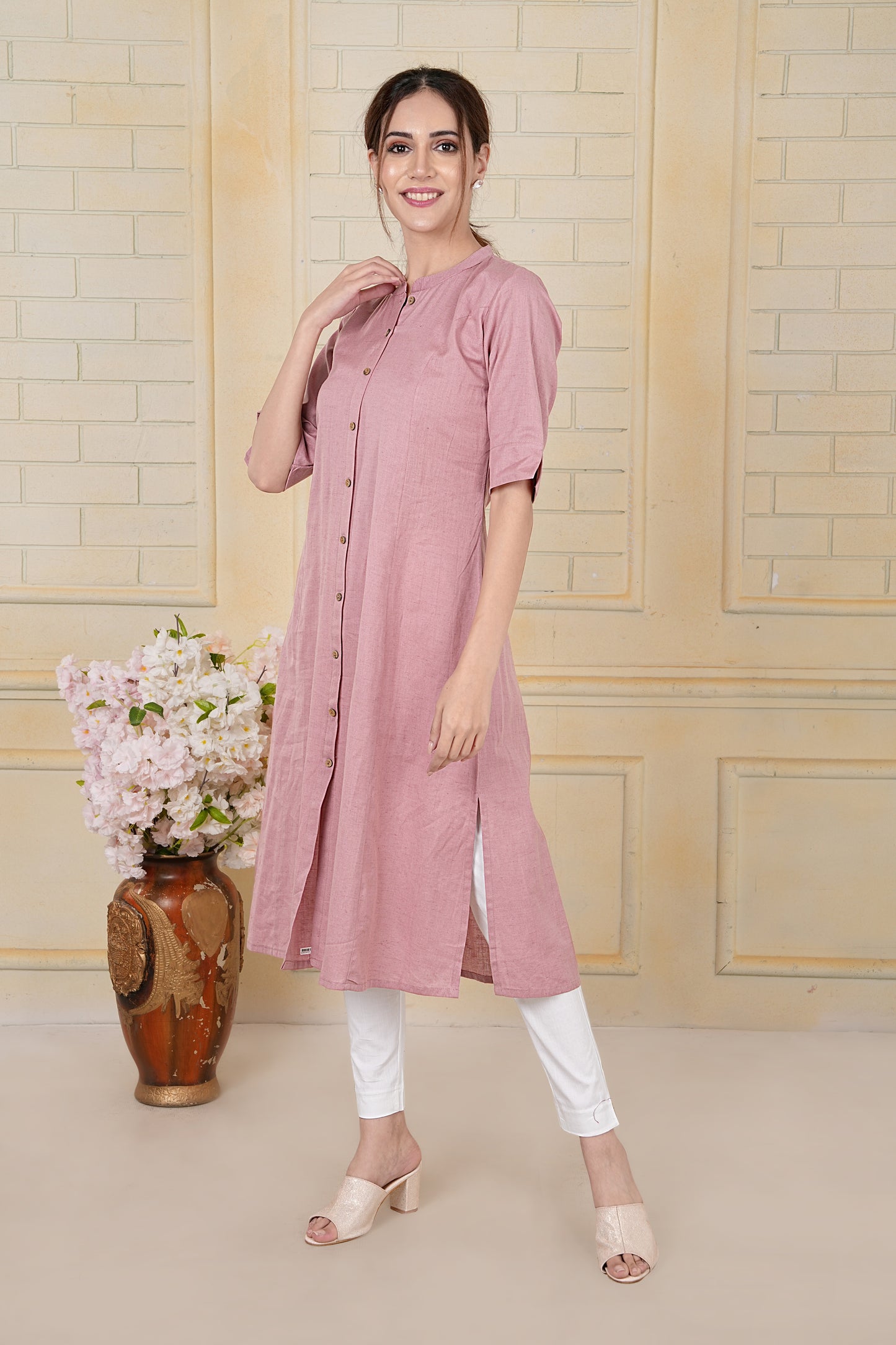 Blush Pink Flax Cotton A-Line Kurta with Front Button Detailing