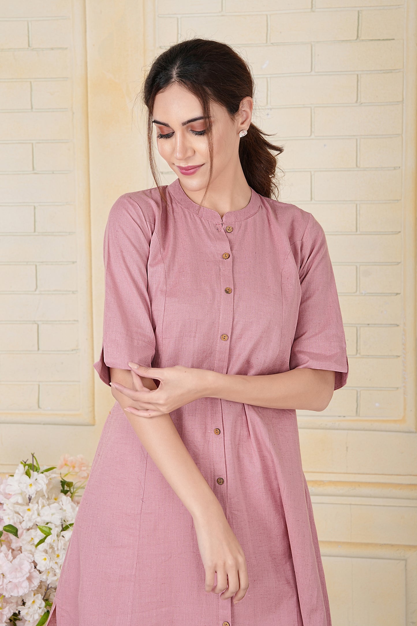 Blush Pink Flax Cotton A-Line Kurta with Front Button Detailing