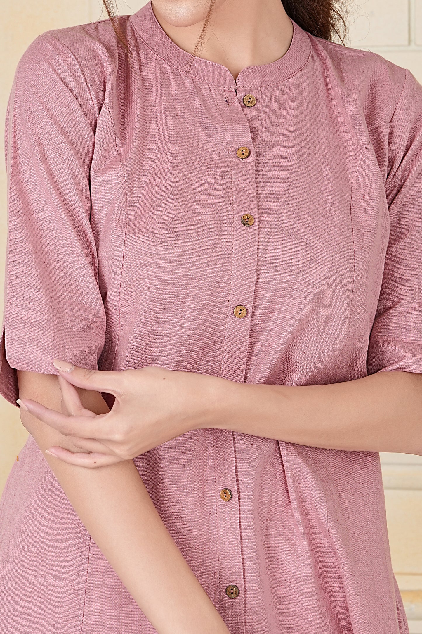 Blush Pink Flax Cotton A-Line Kurta with Front Button Detailing