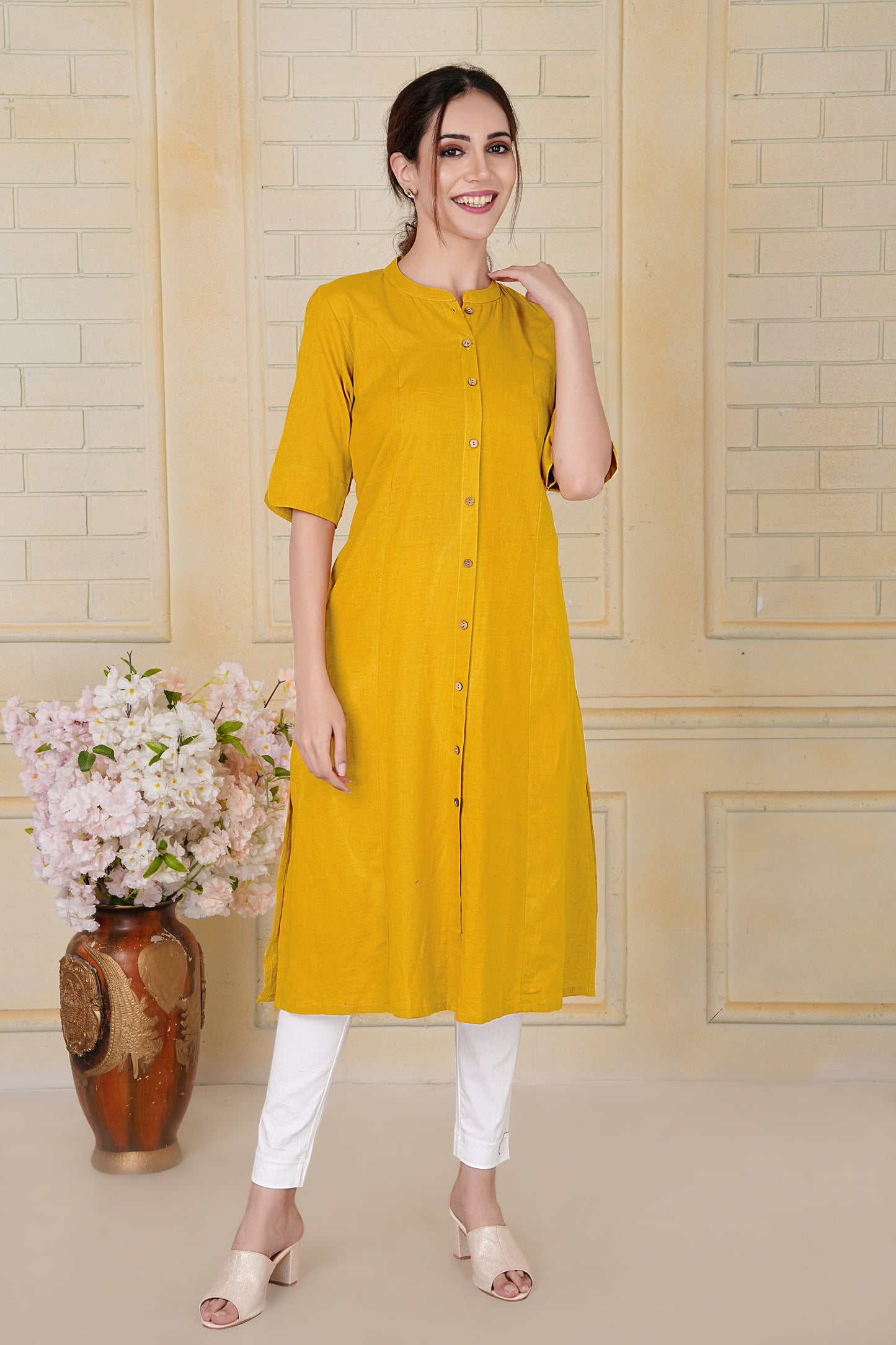 Yellow Flax Cotton A-Line Kurta with Wooden Button Detailing