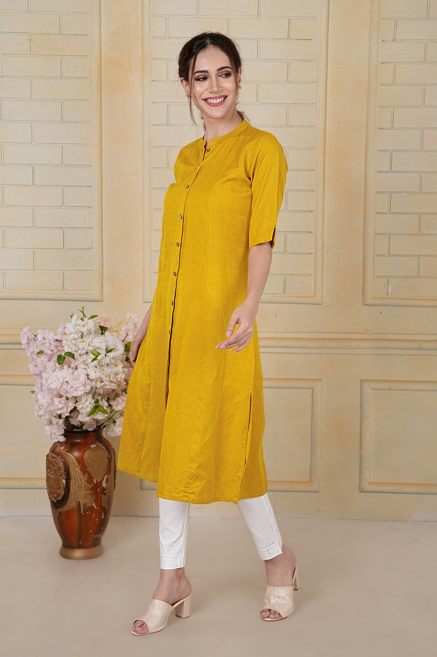 Yellow Flax Cotton A-Line Kurta with Wooden Button Detailing