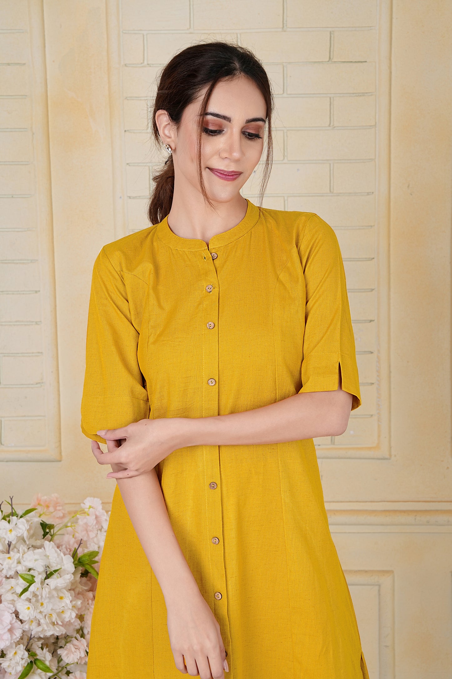 Yellow Flax Cotton A-Line Kurta with Wooden Button Detailing