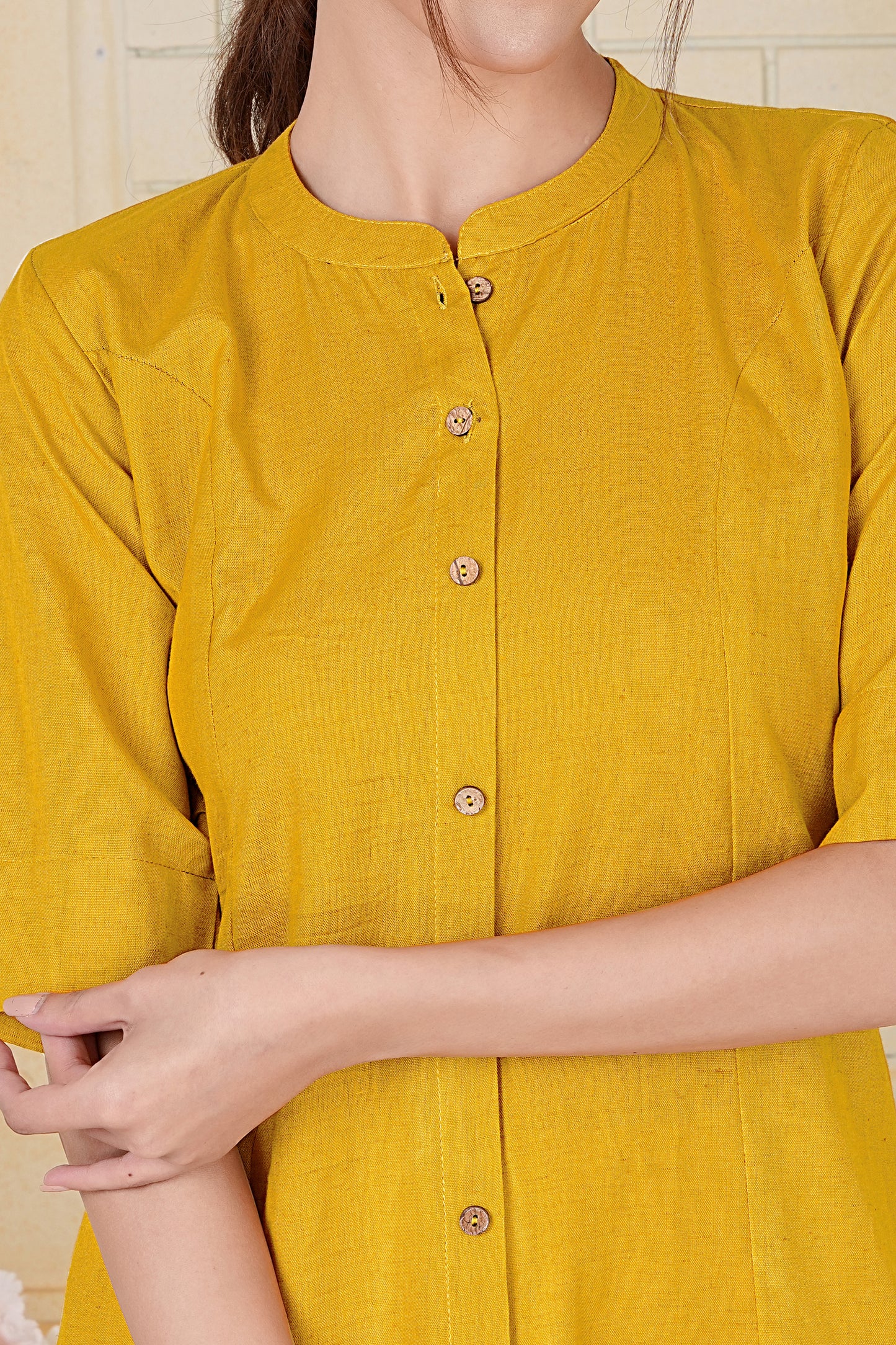Yellow Flax Cotton A-Line Kurta with Wooden Button Detailing