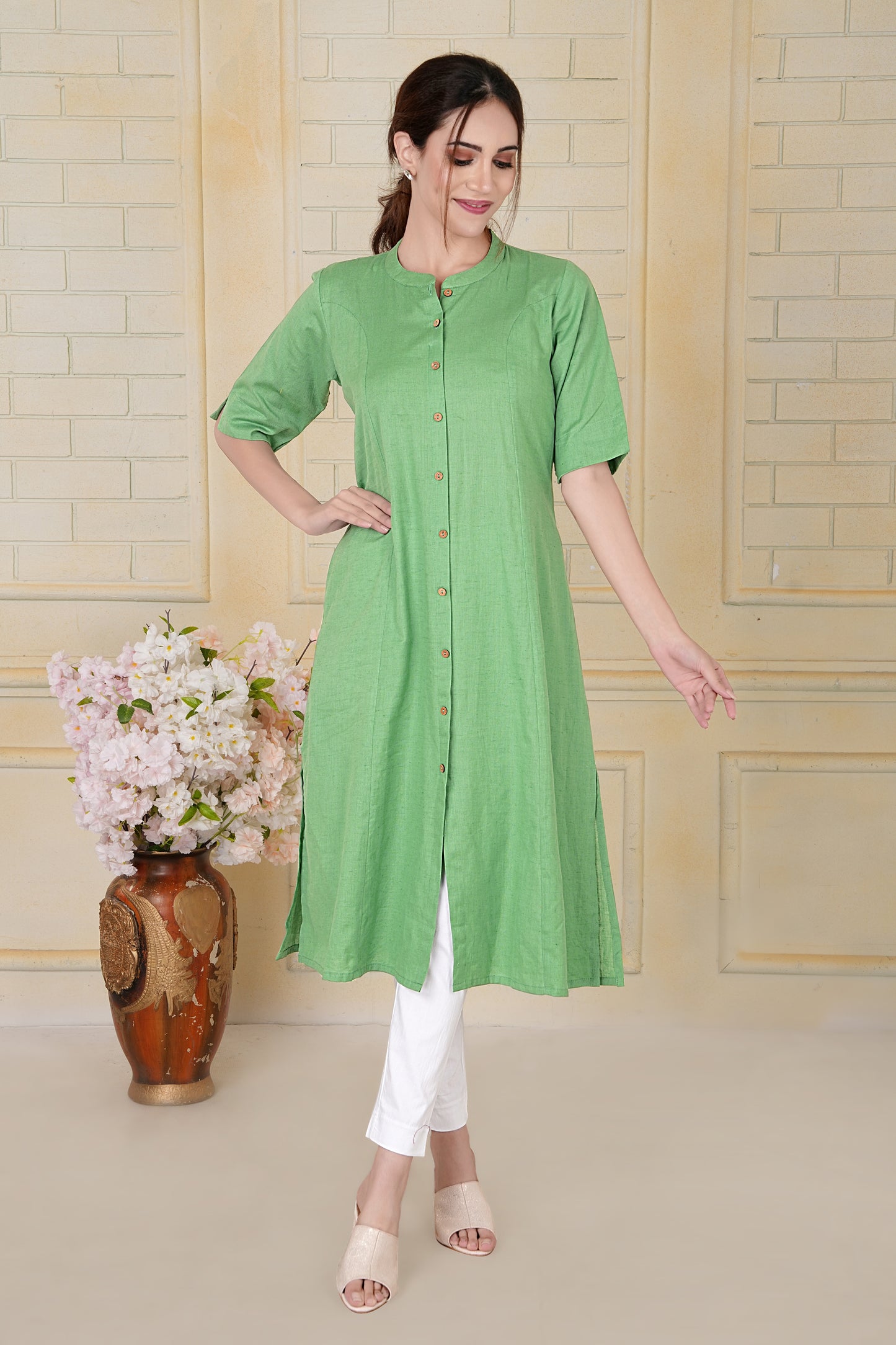 Pastel Green Flax Cotton A-Line Kurta with Front Button Detailing