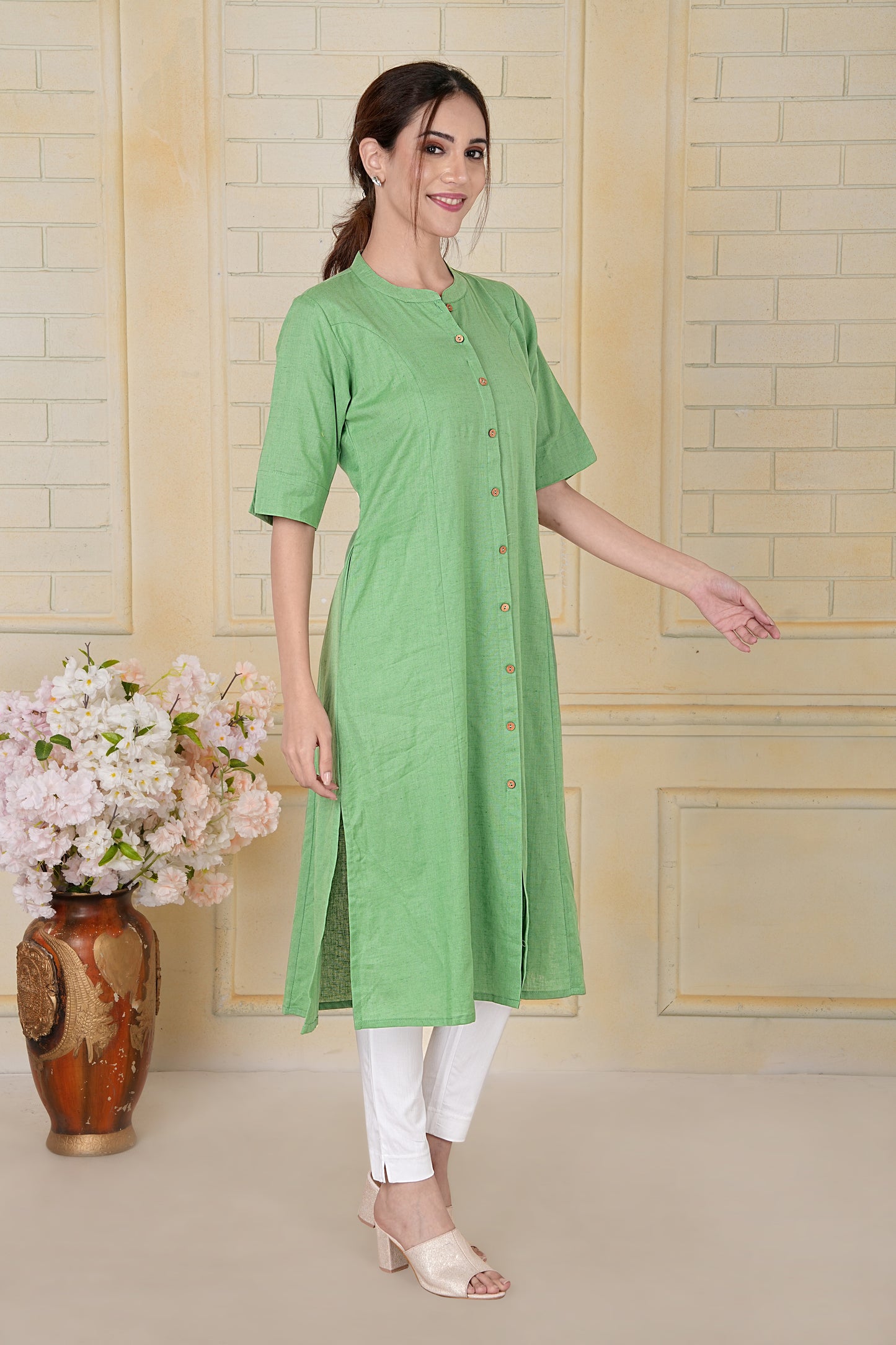 Pastel Green Flax Cotton A-Line Kurta with Front Button Detailing