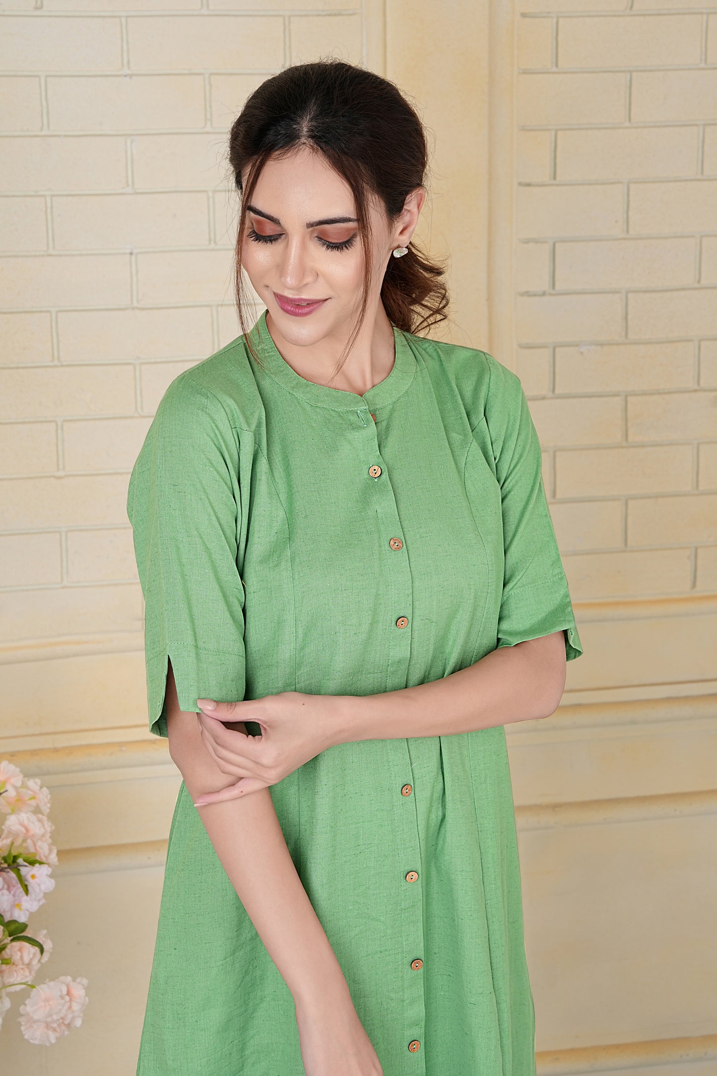 Pastel Green Flax Cotton A-Line Kurta with Front Button Detailing