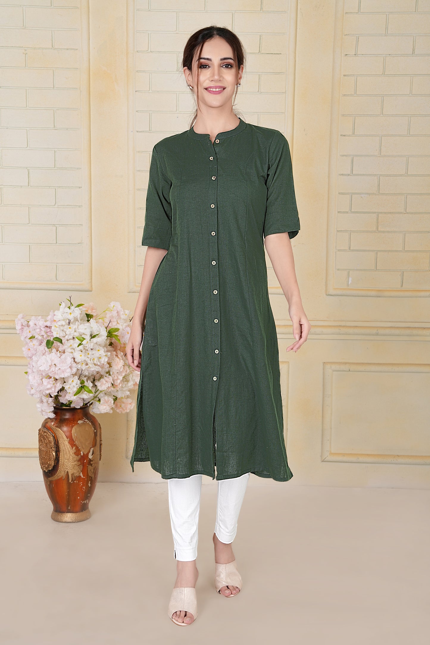 Olive Green Flax Cotton A-Line Kurta with Front Button Detailing
