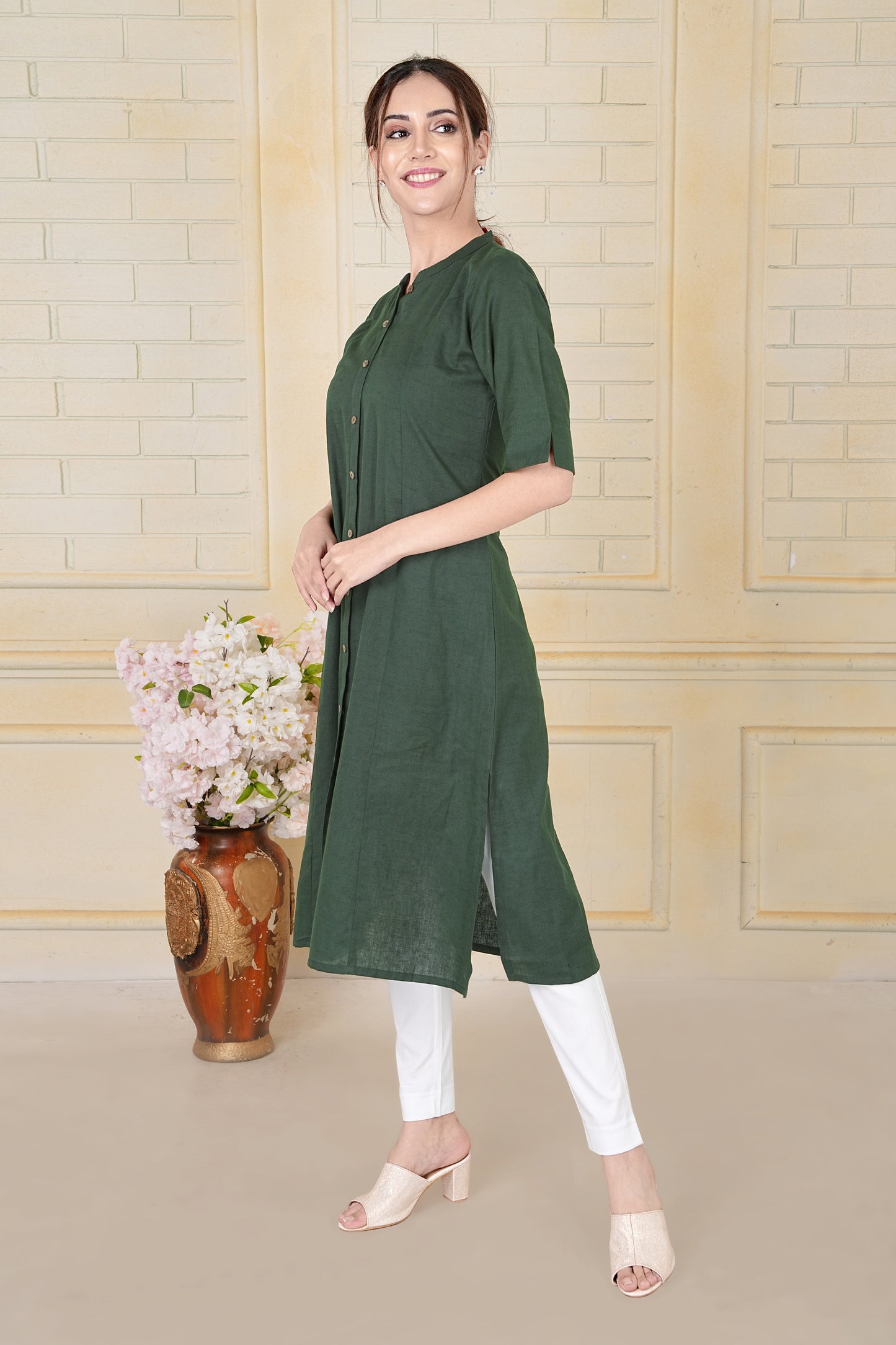 Olive Green Flax Cotton A-Line Kurta with Front Button Detailing
