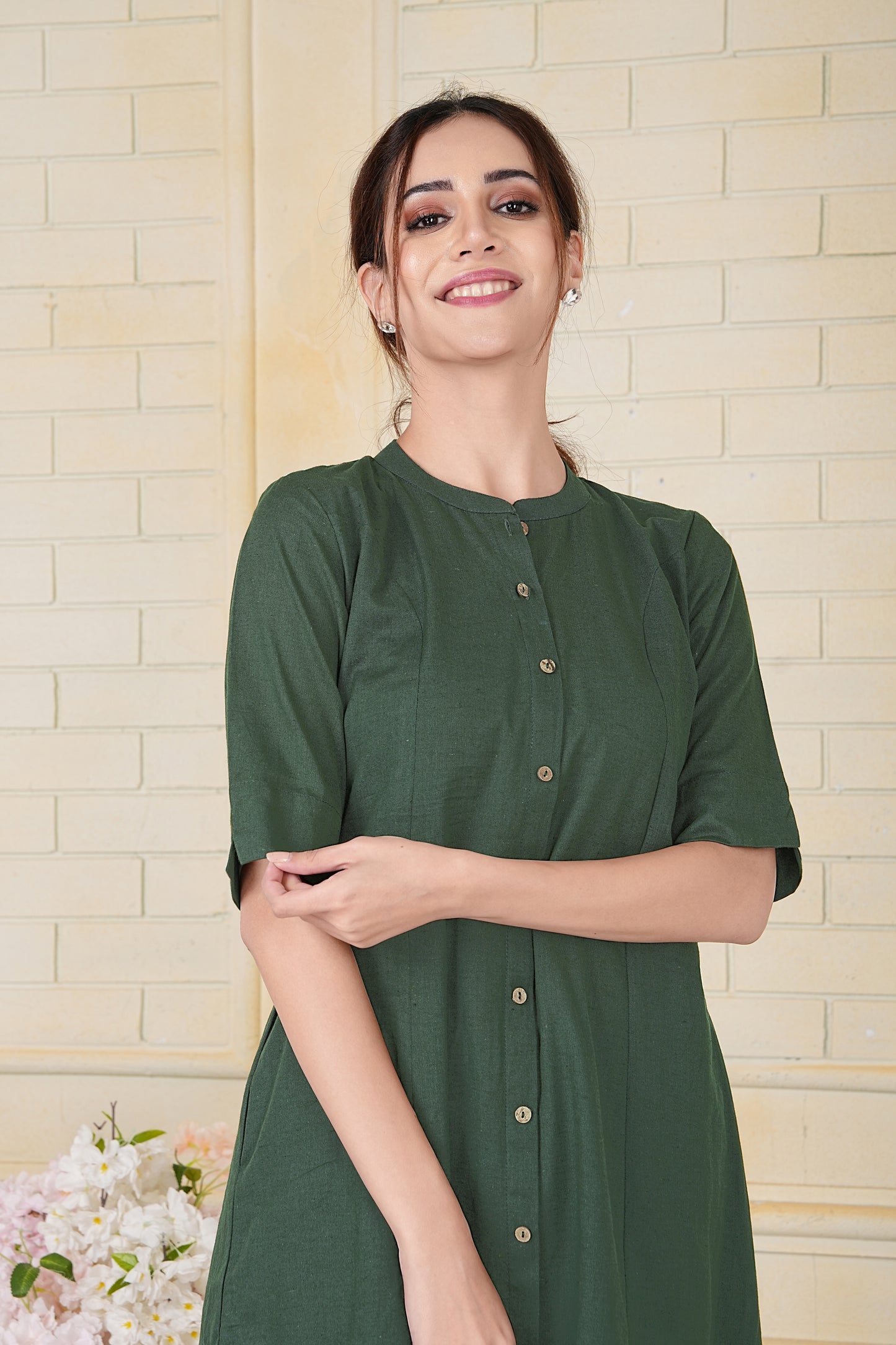 Olive Green Flax Cotton A-Line Kurta with Front Button Detailing