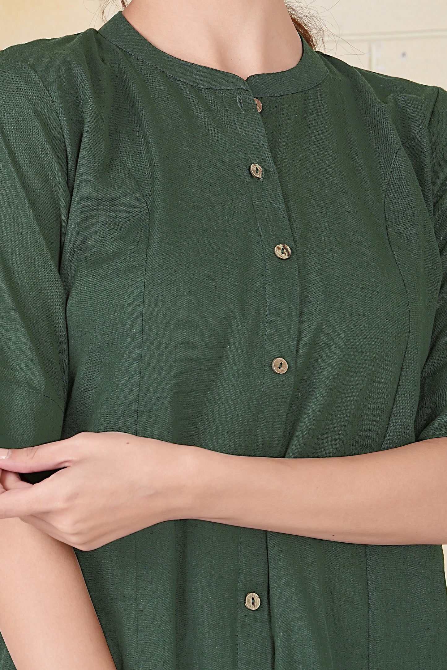 Olive Green Flax Cotton A-Line Kurta with Front Button Detailing