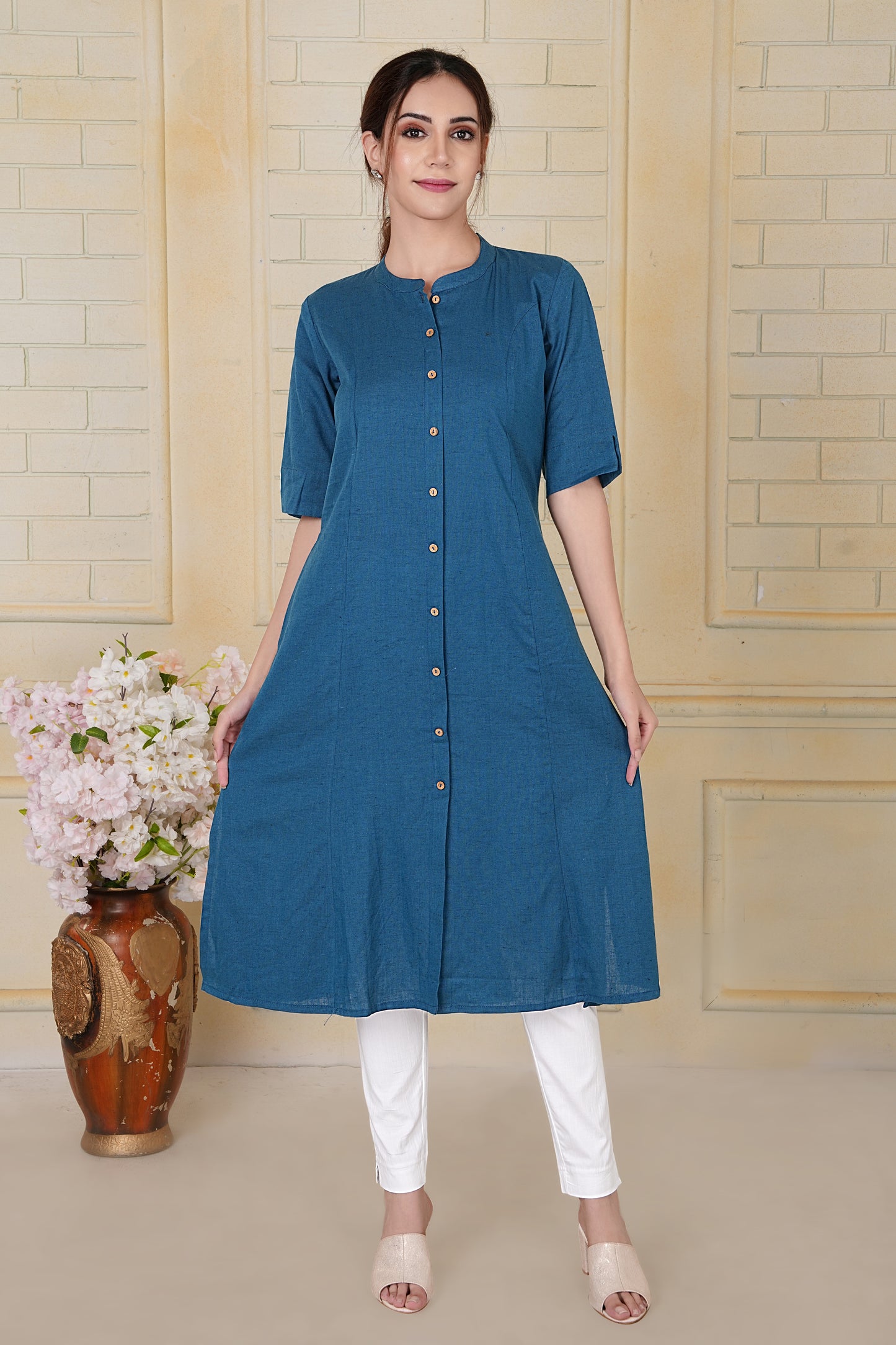 Teal Flax Cotton A-Line Kurta with Wooden Button Accents