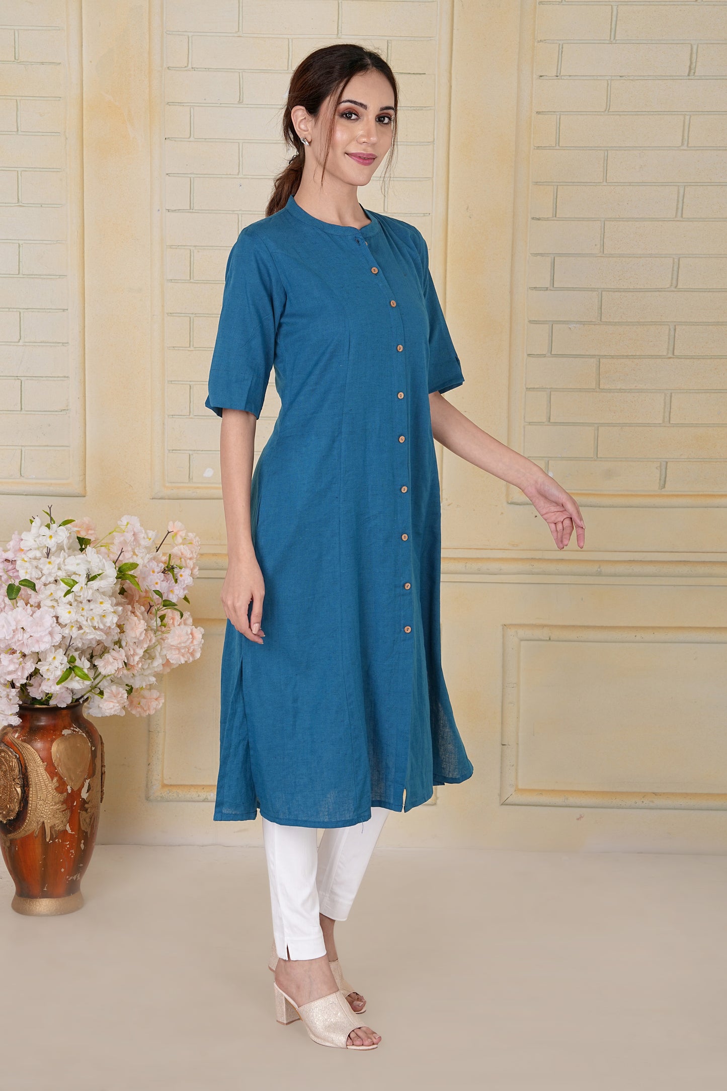 Teal Flax Cotton A-Line Kurta with Wooden Button Accents