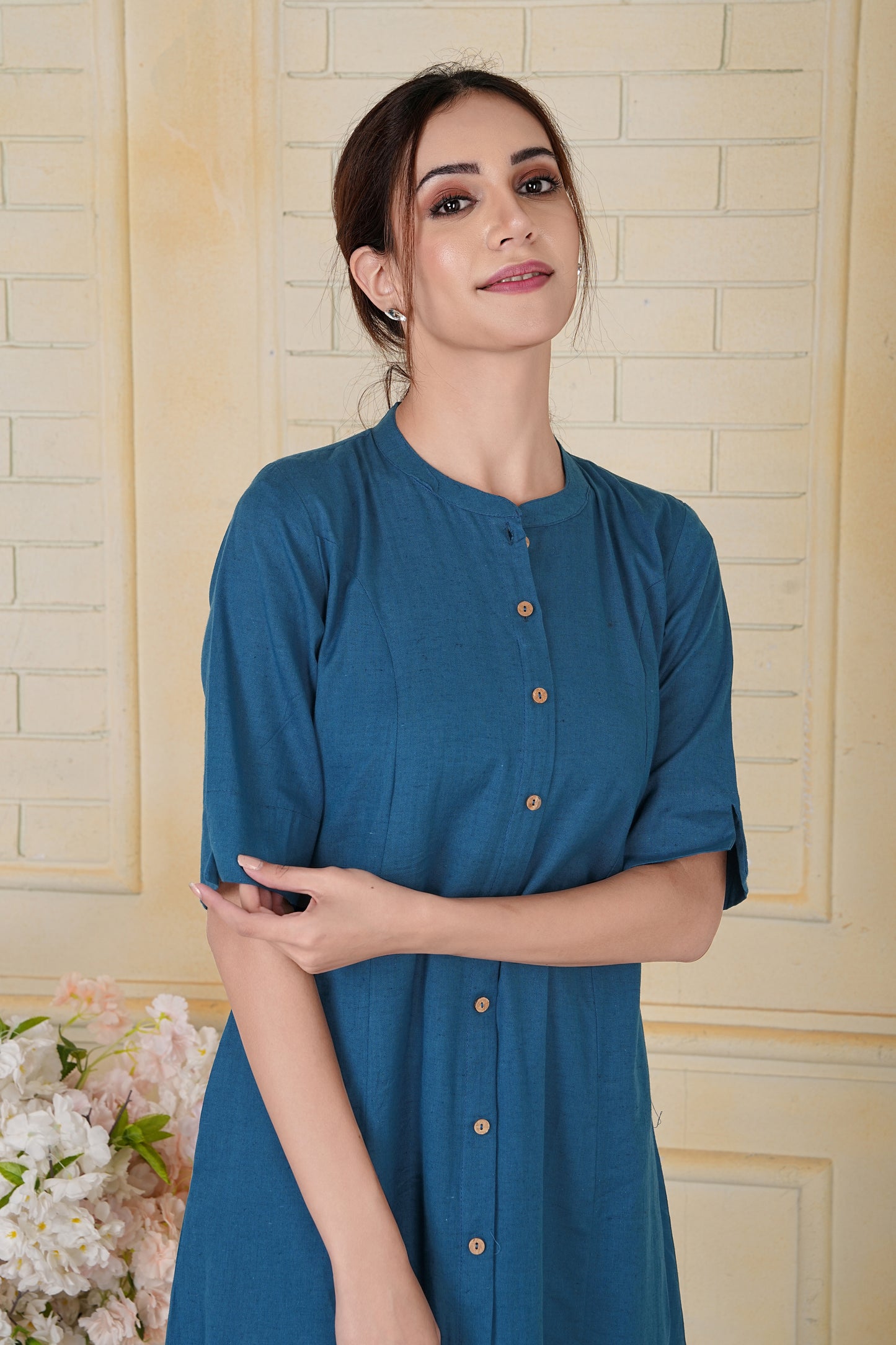 Teal Flax Cotton A-Line Kurta with Wooden Button Accents