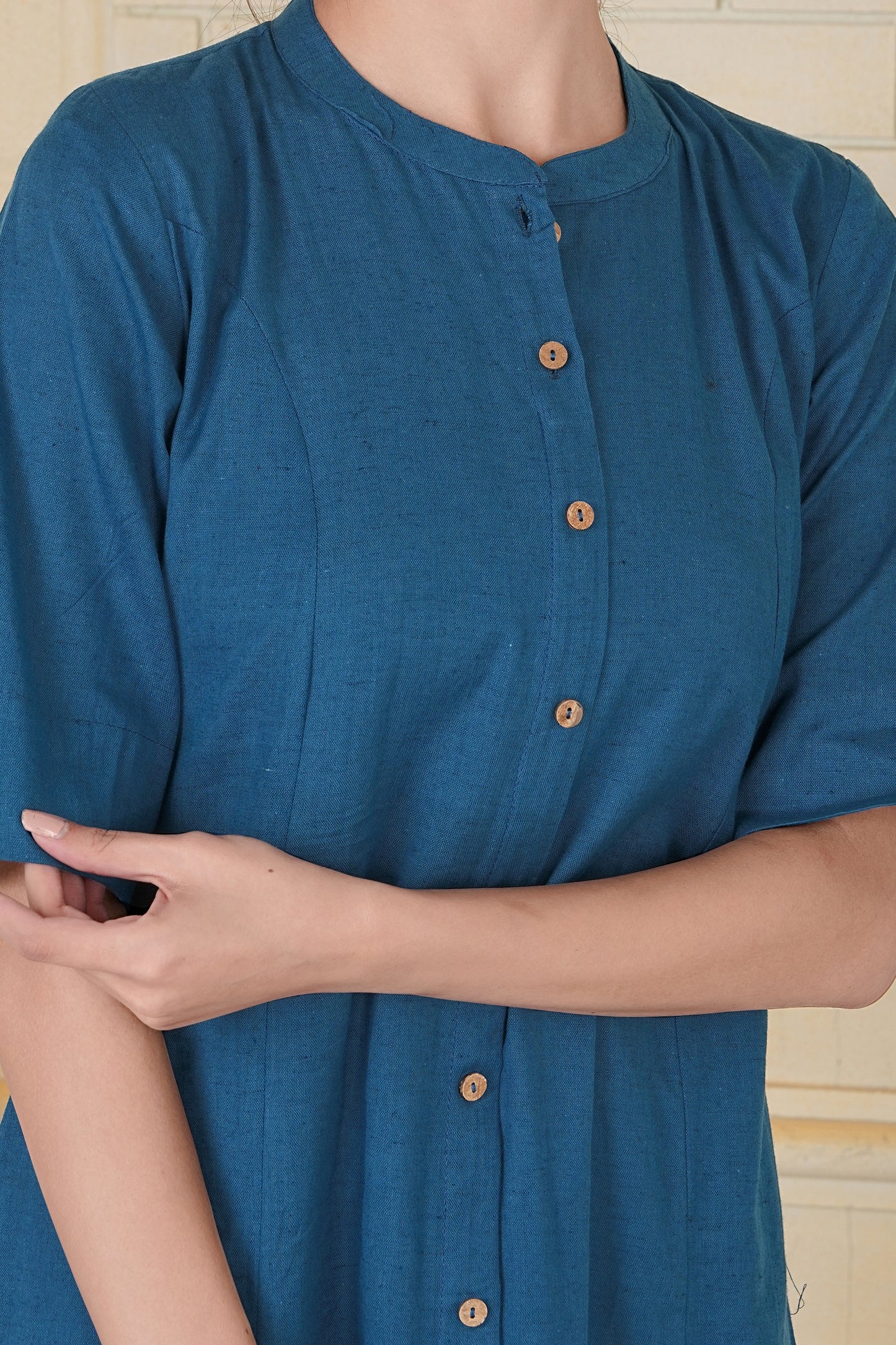 Teal Flax Cotton A-Line Kurta with Wooden Button Accents