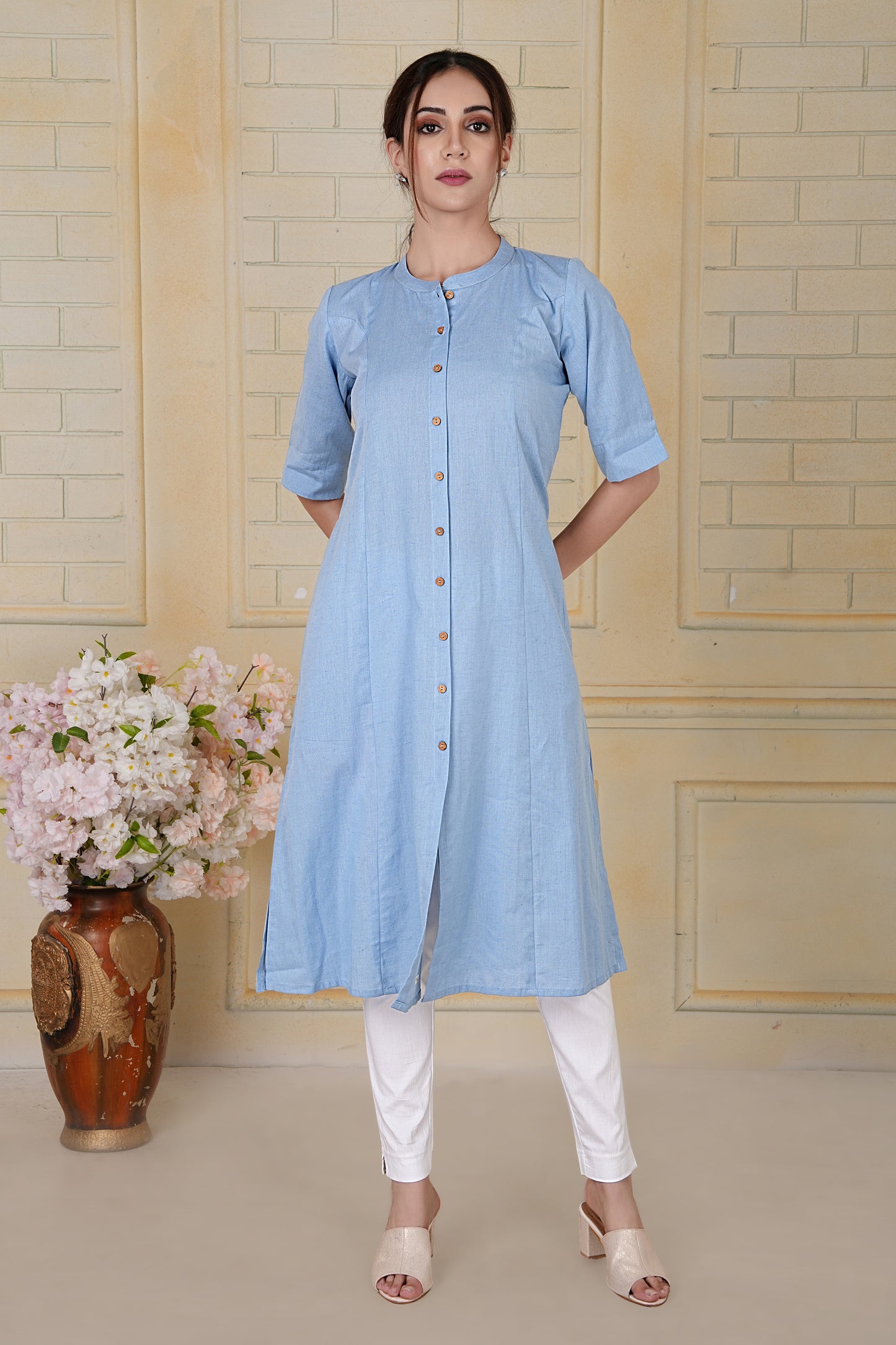 Pastel Blue Flax Cotton A-Line Kurta with Wooden Button Detailing