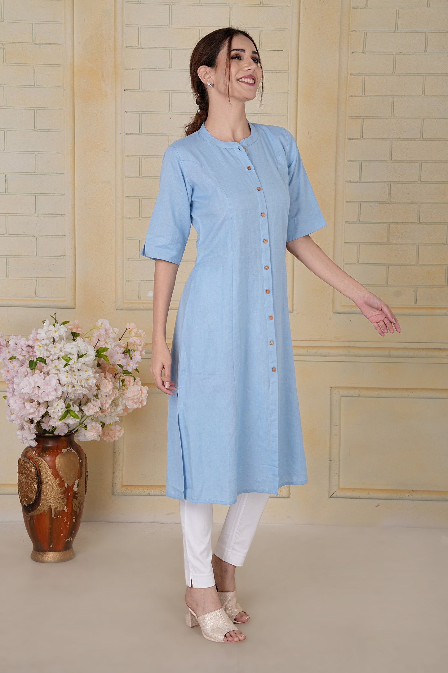 Pastel Blue Flax Cotton A-Line Kurta with Wooden Button Detailing