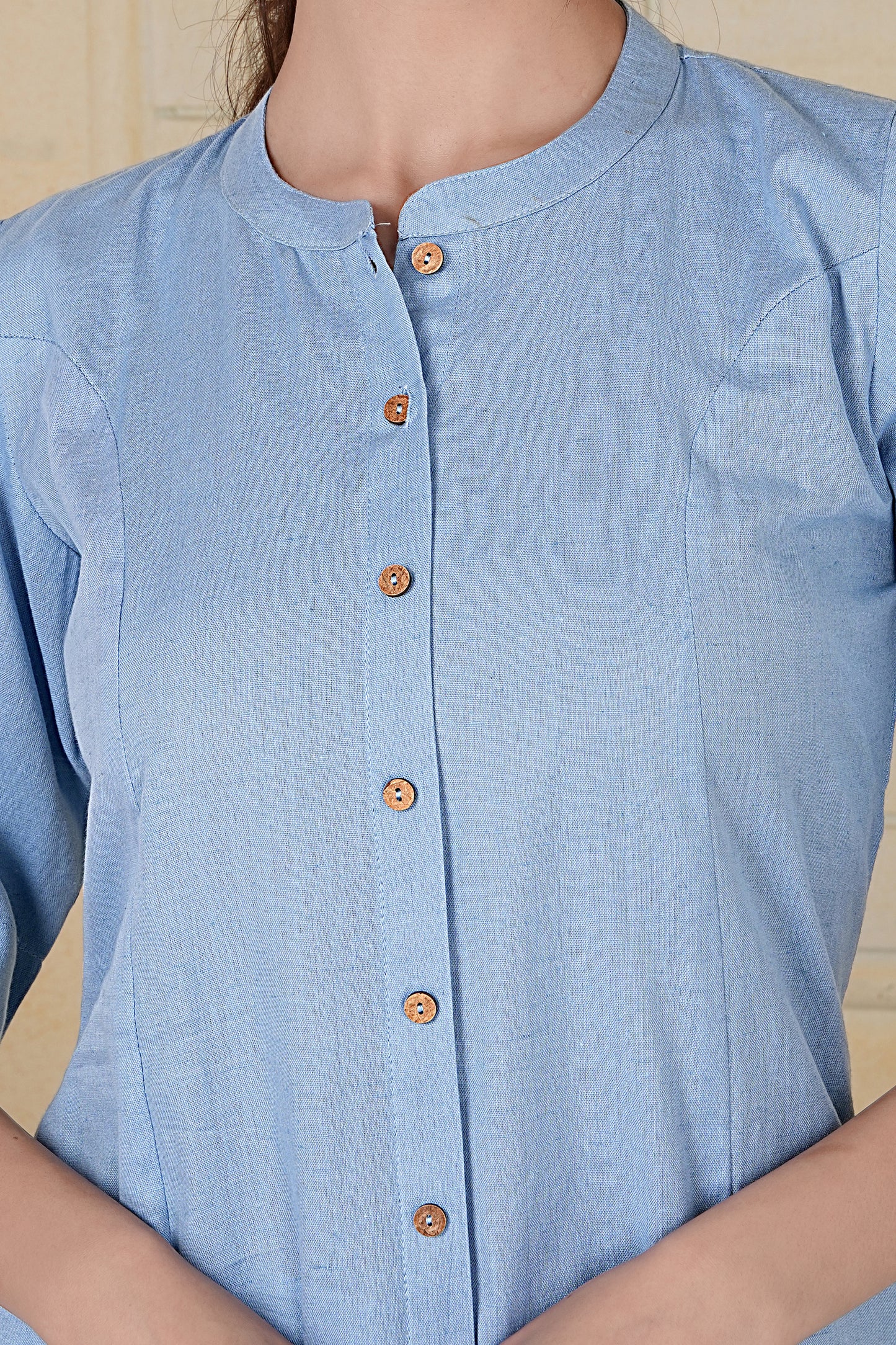 Pastel Blue Flax Cotton A-Line Kurta with Wooden Button Detailing
