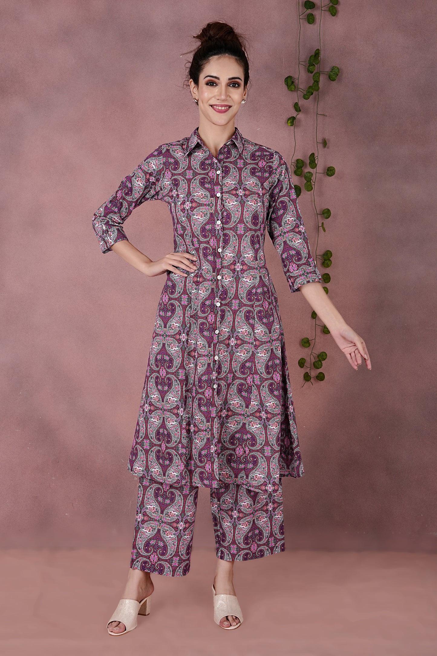 Women's Ethnic Jaipuri Cotton Kurta Set with Digital Paisley Print – Wine
