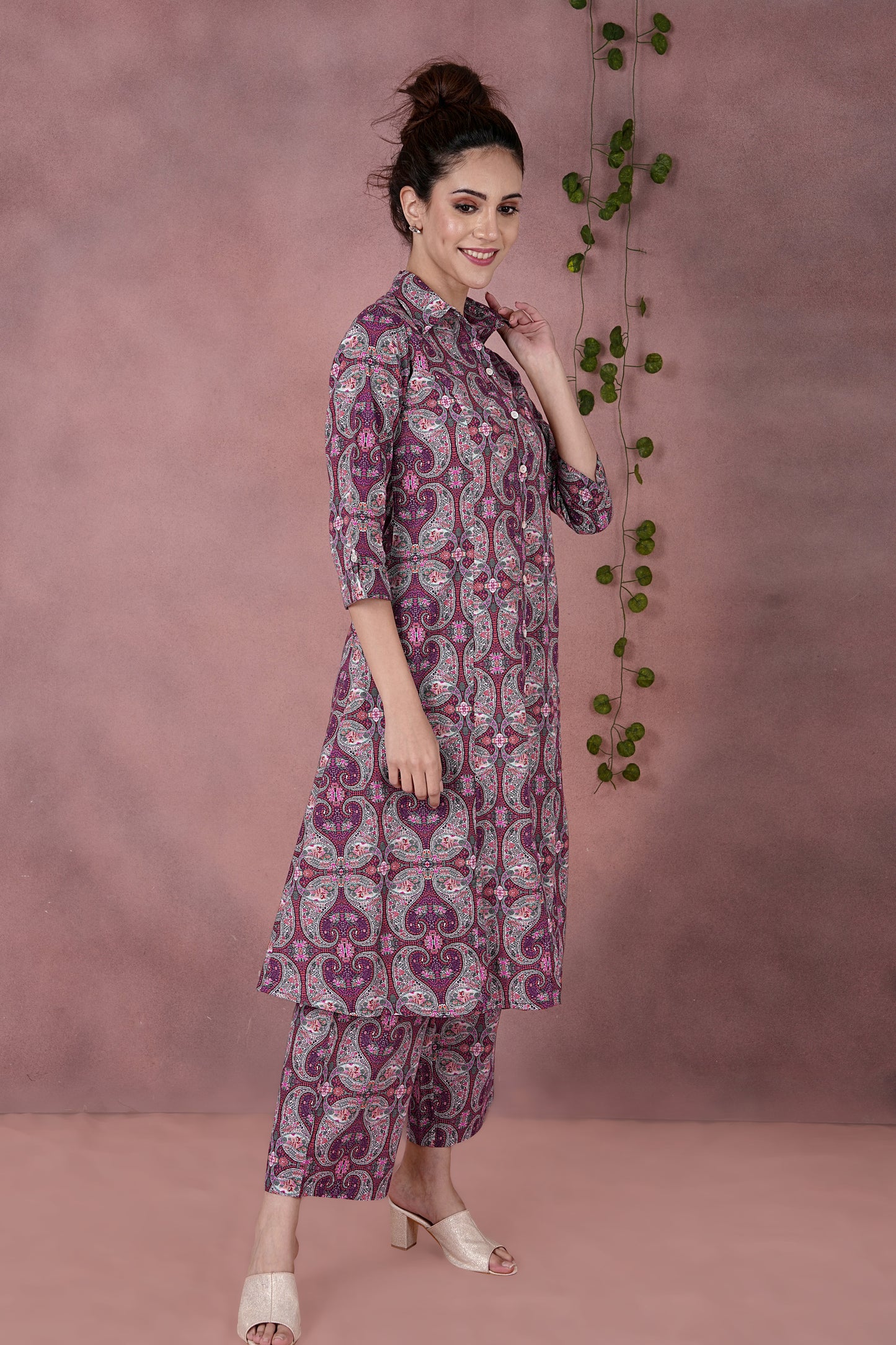 Women's Ethnic Jaipuri Cotton Kurta Set with Digital Paisley Print – Wine