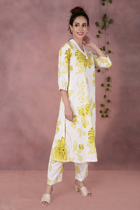Women's Jaipuri Cotton Yellow Floral Kurta & Pant Set - Lemon White