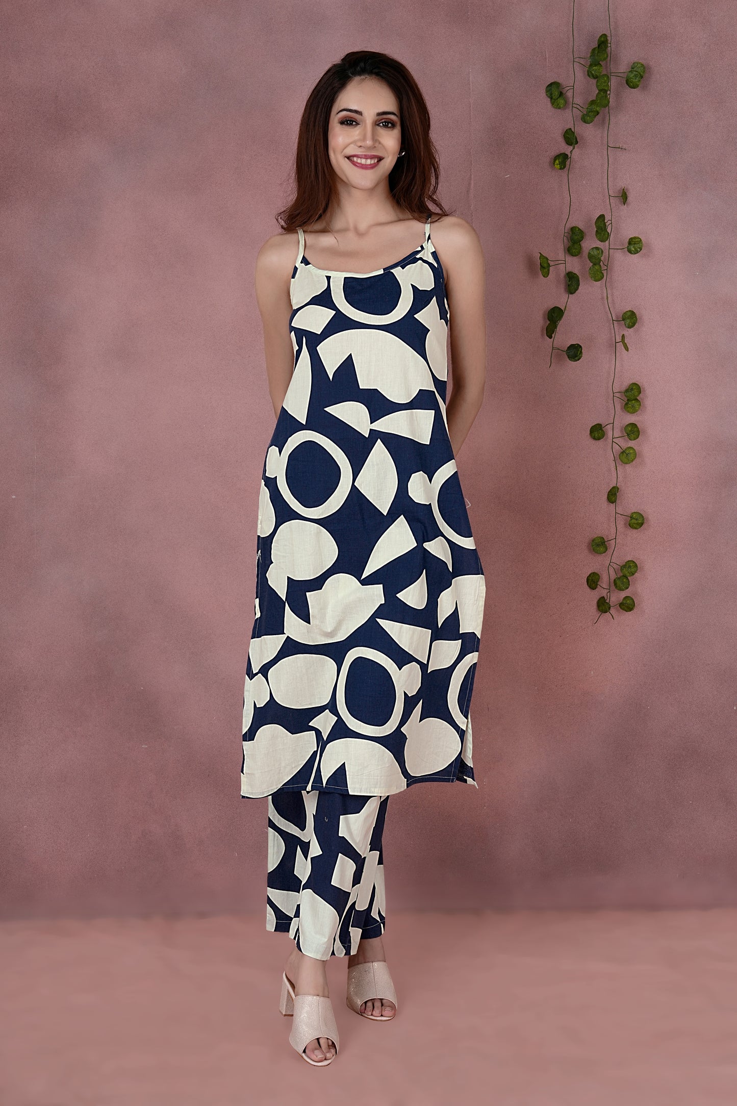 Women's Jaipuri Cotton Geometric Print Spaghetti Strap Kurta & Pant Set - Navy Blue & Off-White