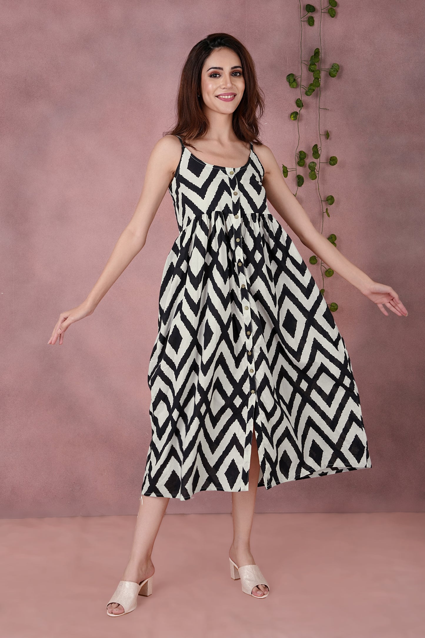 Monochrome Geometric Black & White Print Button-Down Cotton Dress