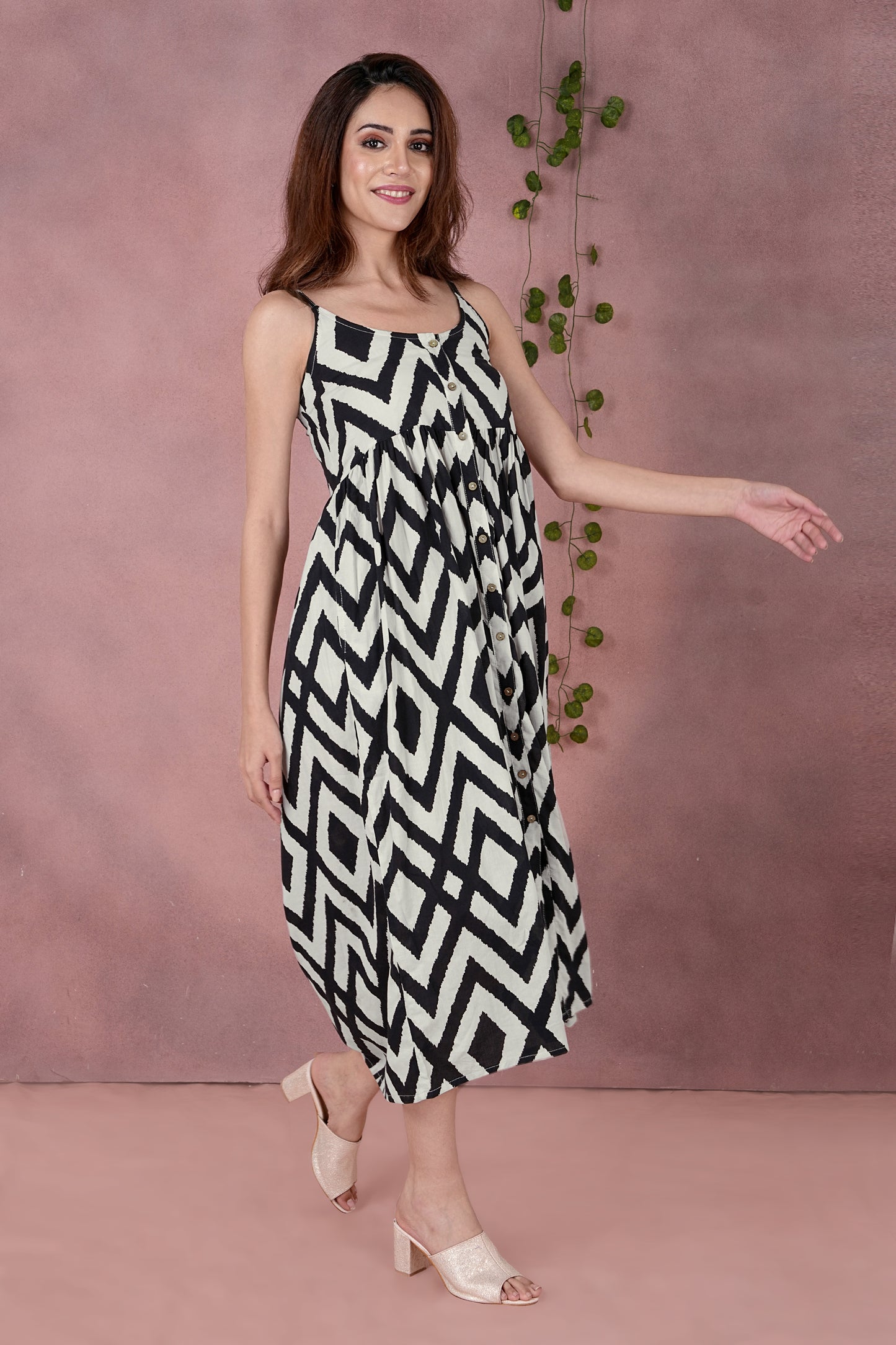 Monochrome Geometric Black & White Print Button-Down Cotton Dress