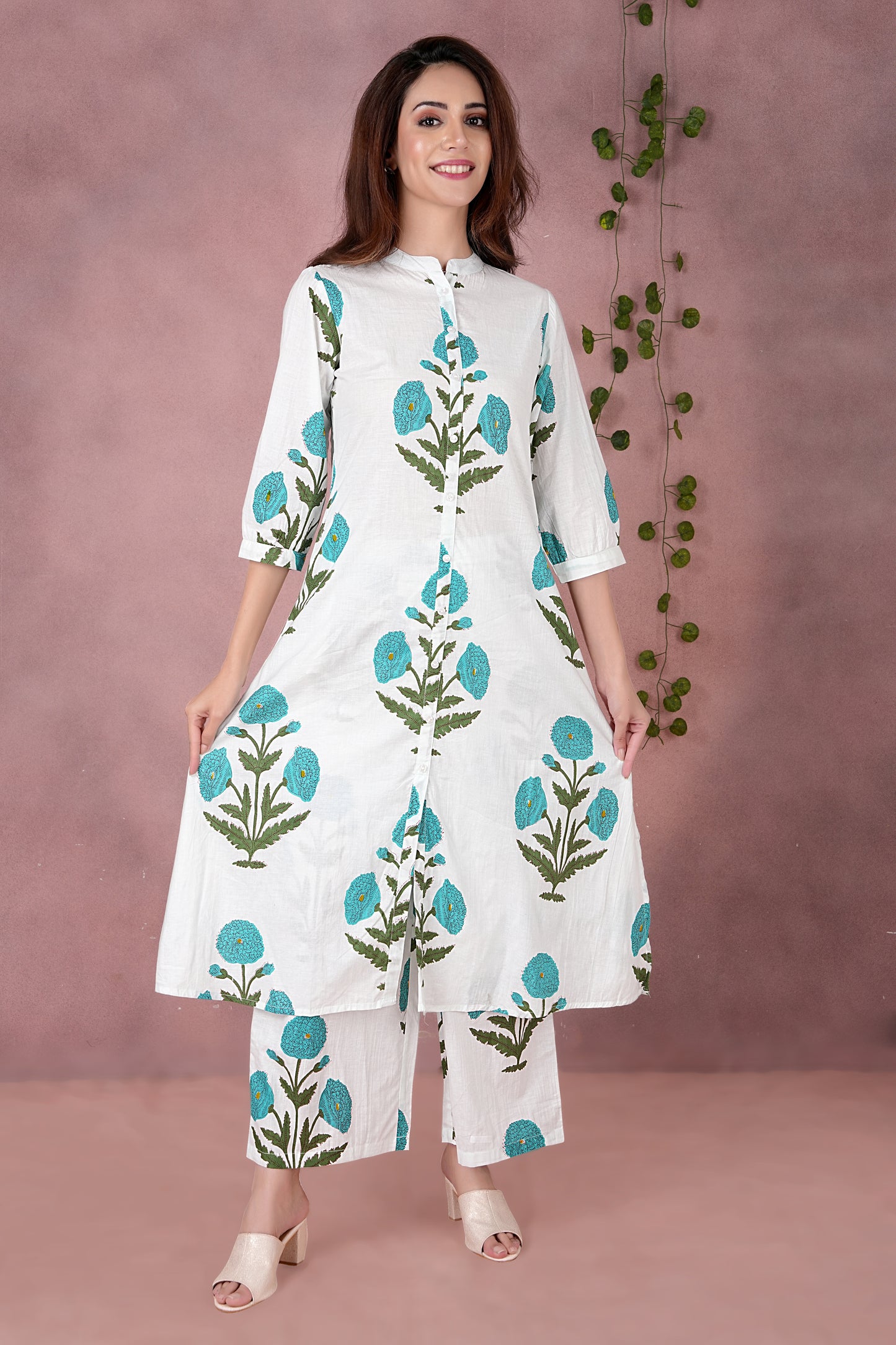 Women's Jaipuri Cotton Floral Block Print Kurta & Pant Set - White & Blue