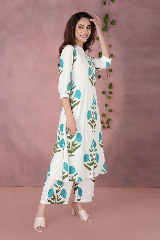 Women's Jaipuri Cotton Floral Block Print Kurta & Pant Set - White & Blue