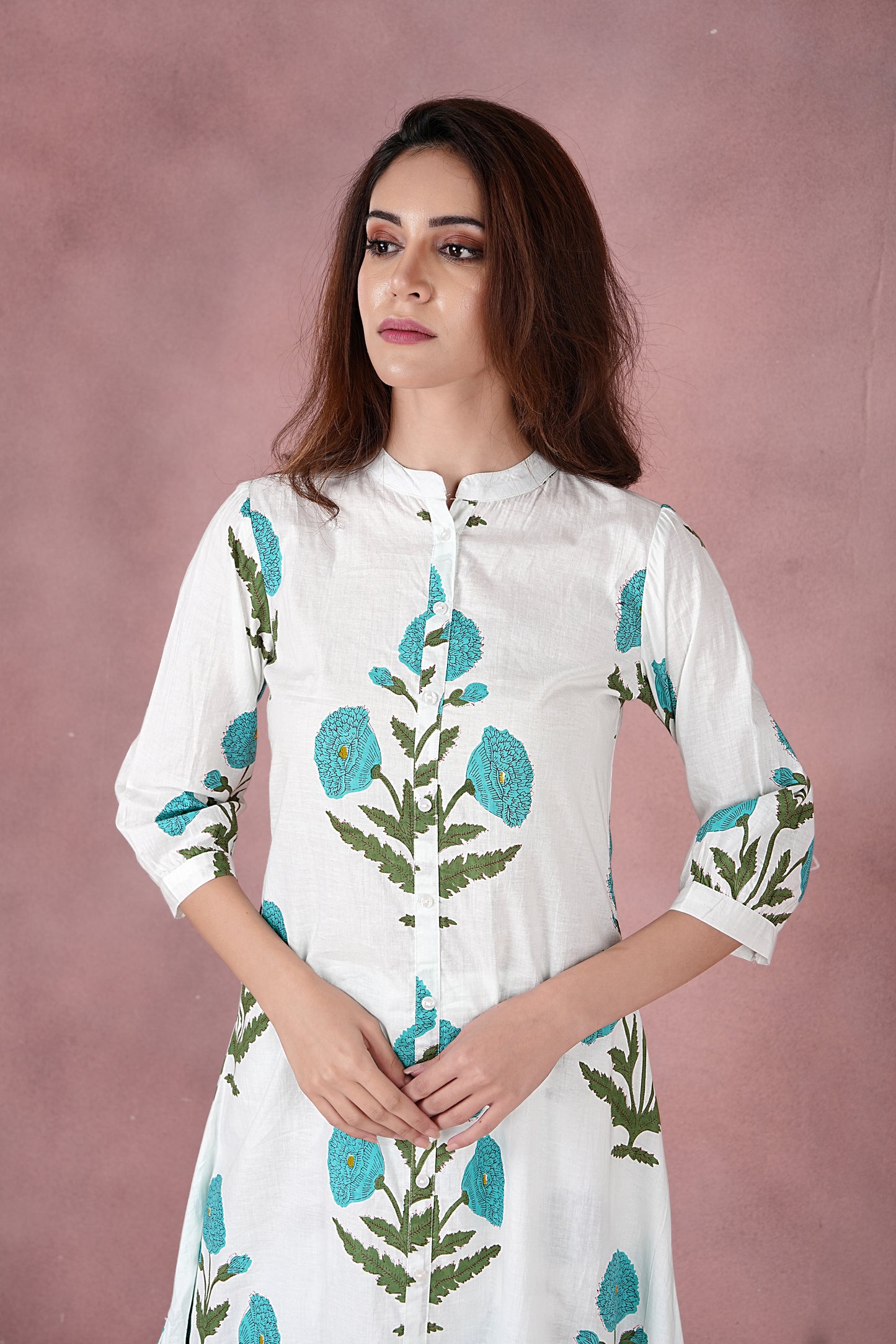 Women's Jaipuri Cotton Floral Block Print Kurta & Pant Set - White & Blue
