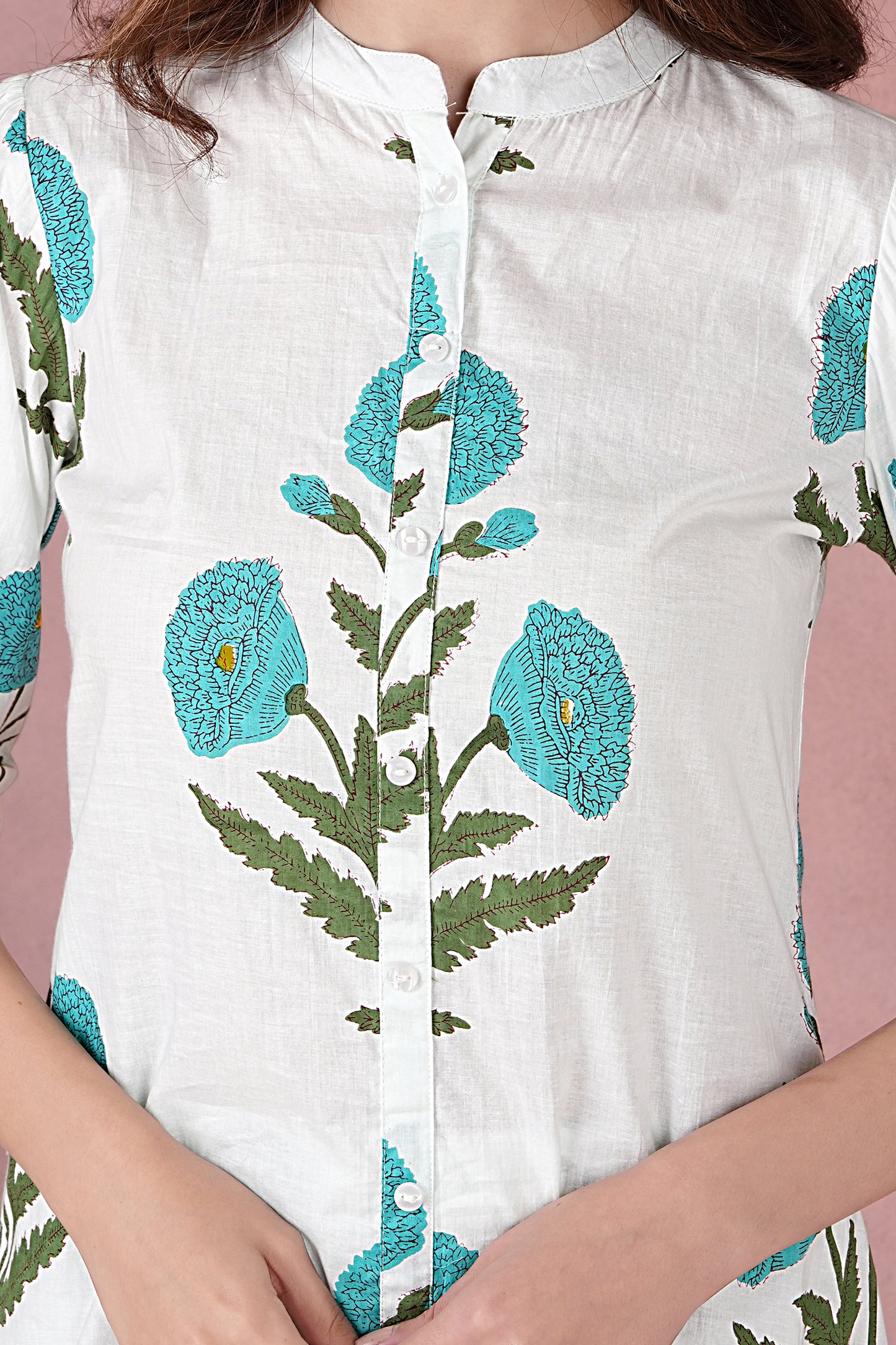 Women's Jaipuri Cotton Floral Block Print Kurta & Pant Set - White & Blue