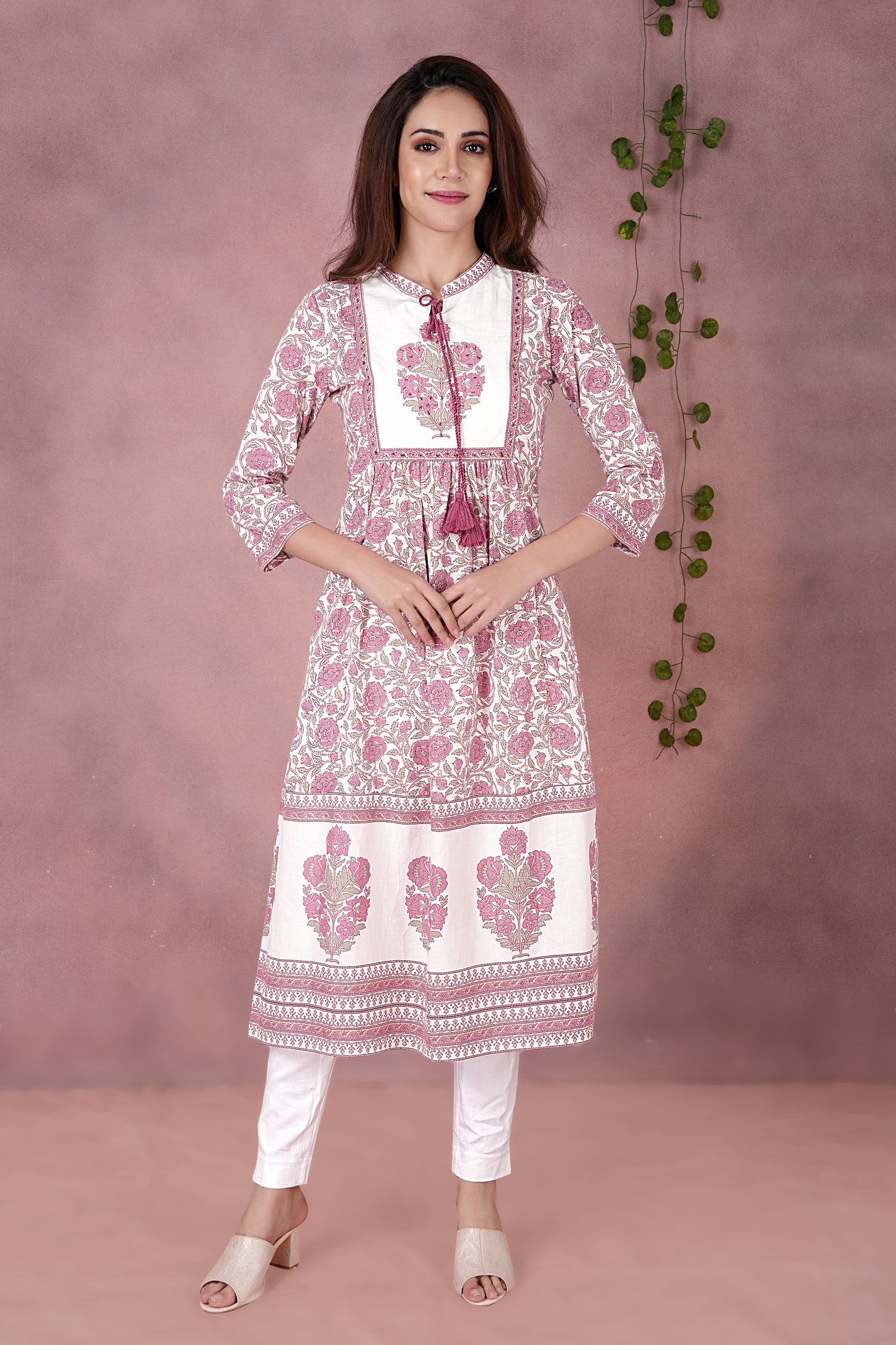 Elegant Pink Floral Block Printed Cotton Kurta