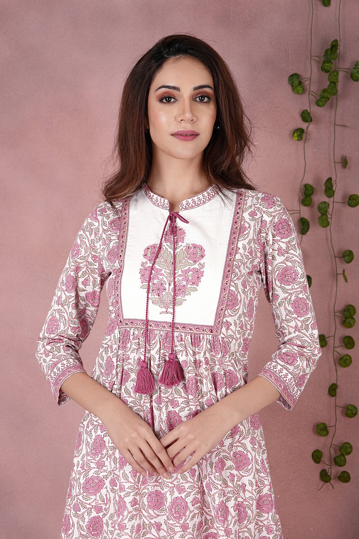Elegant Pink Floral Block Printed Cotton Kurta