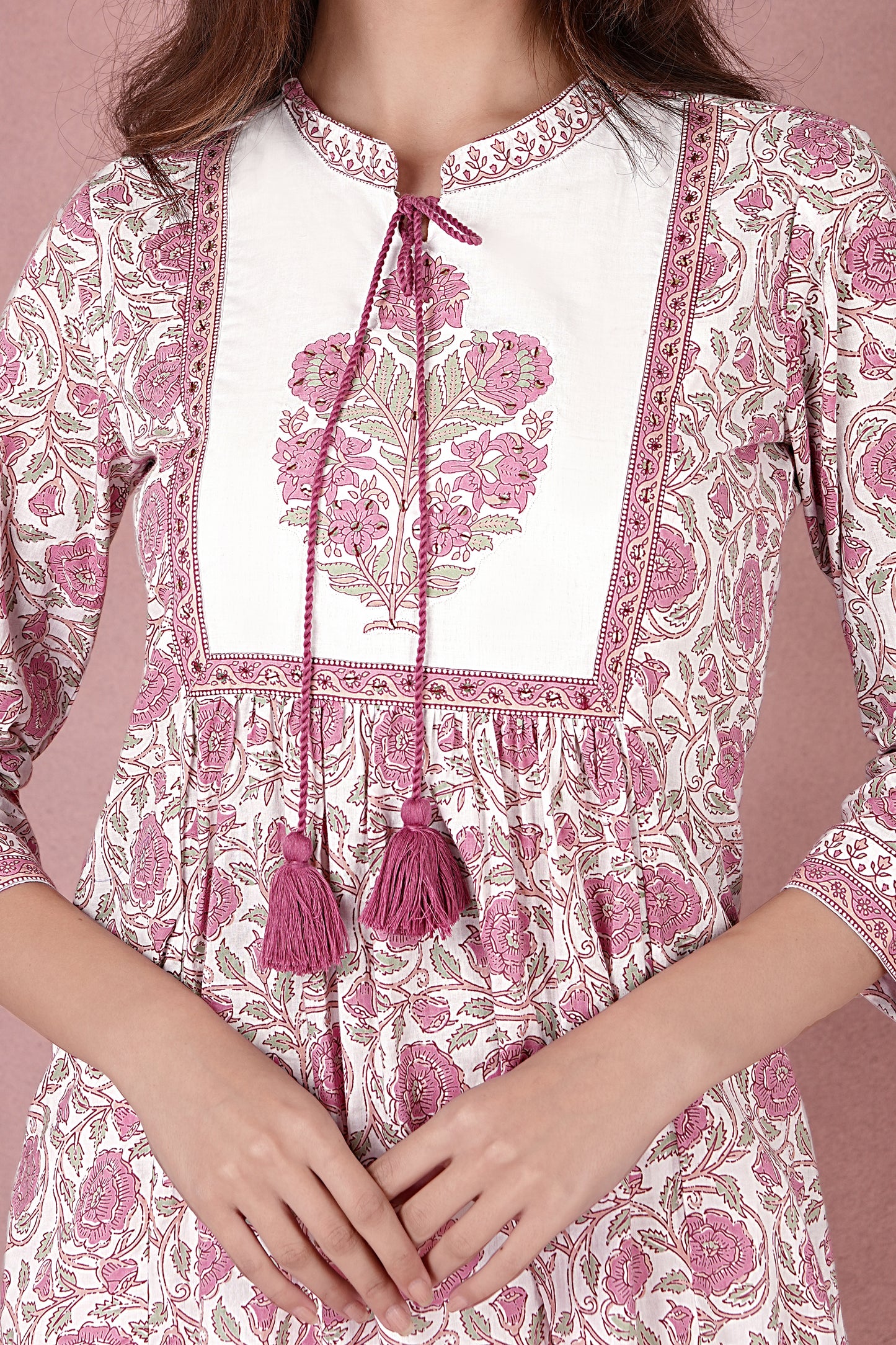 Elegant Pink Floral Block Printed Cotton Kurta