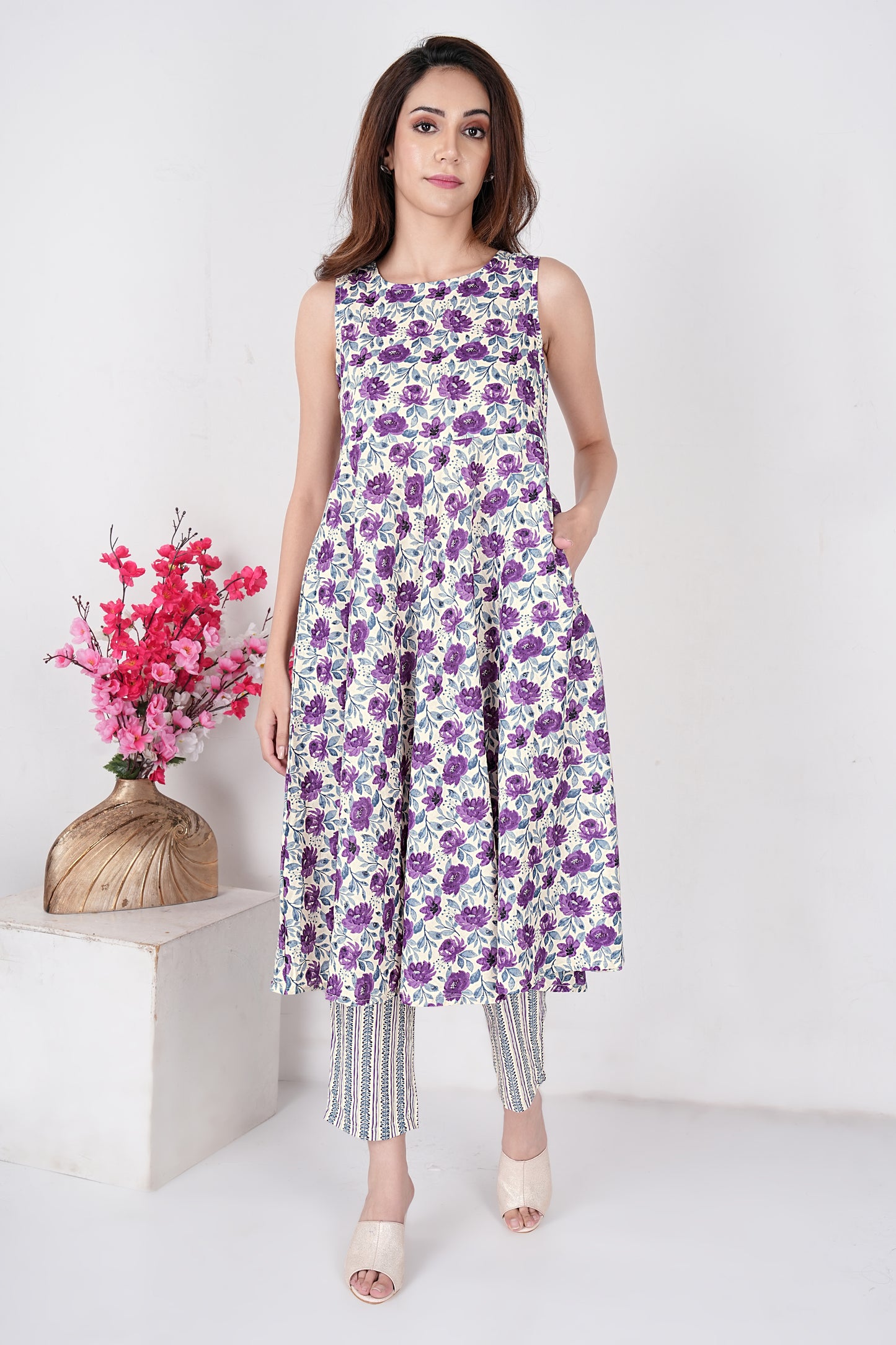 Jaipuri Block Print A-Line Kurta with Printed Pants Purple & White