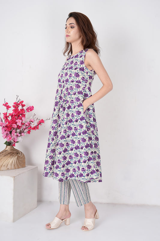 Jaipuri Block Print A-Line Kurta with Printed Pants Purple & White