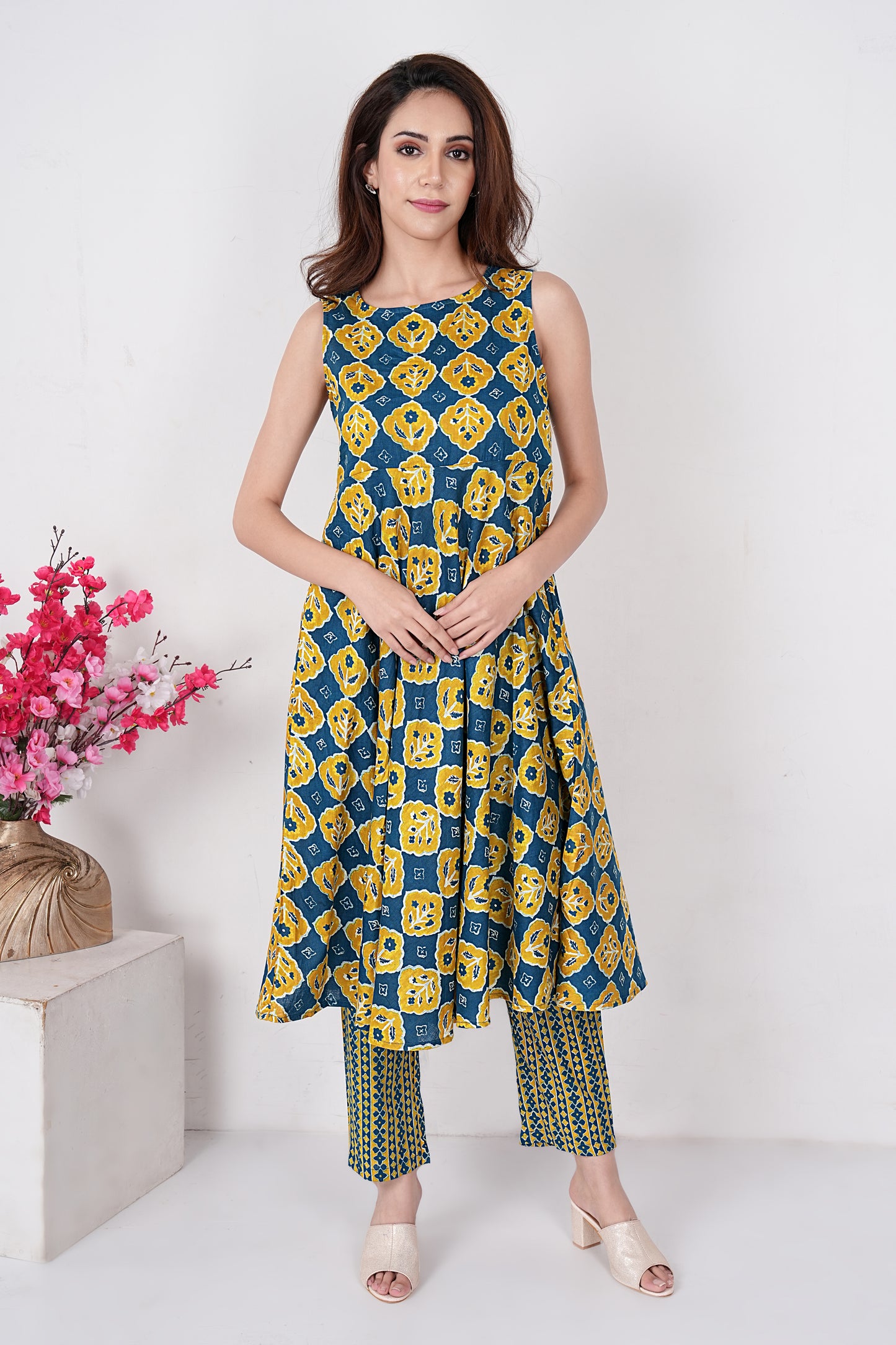 Women's Jaipuri Cotton Sleeveless Block Print Kurta & Pant Set - Mustard & Teal Blue