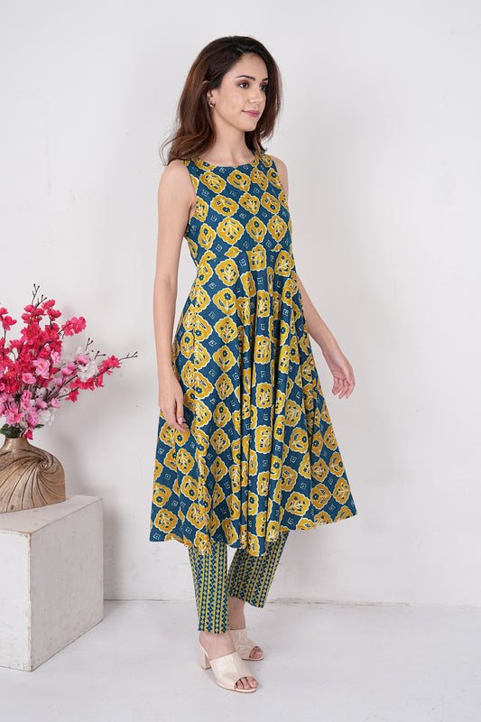 Women's Jaipuri Cotton Sleeveless Block Print Kurta & Pant Set - Mustard & Teal Blue
