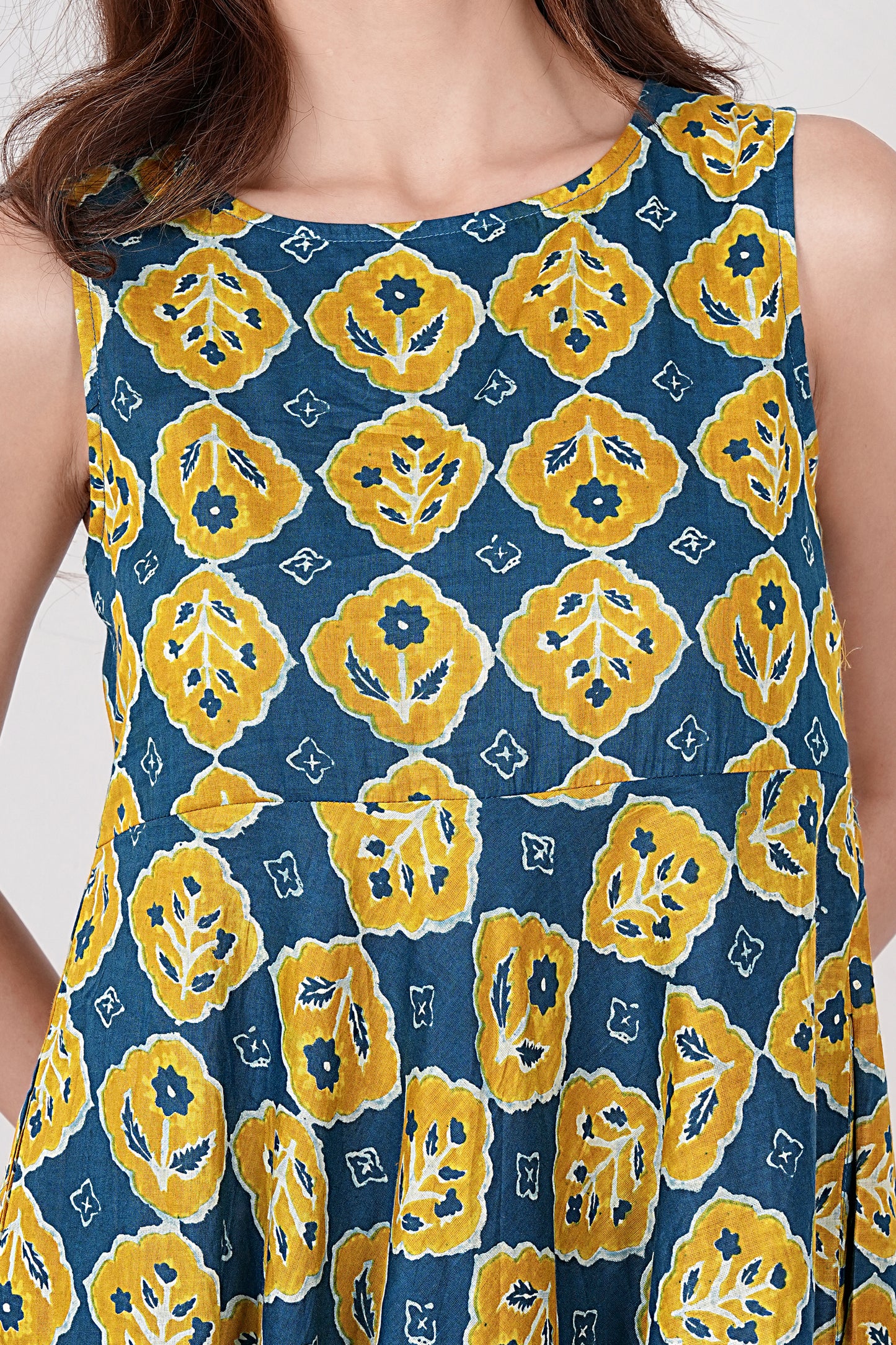 Women's Jaipuri Cotton Sleeveless Block Print Kurta & Pant Set - Mustard & Teal Blue