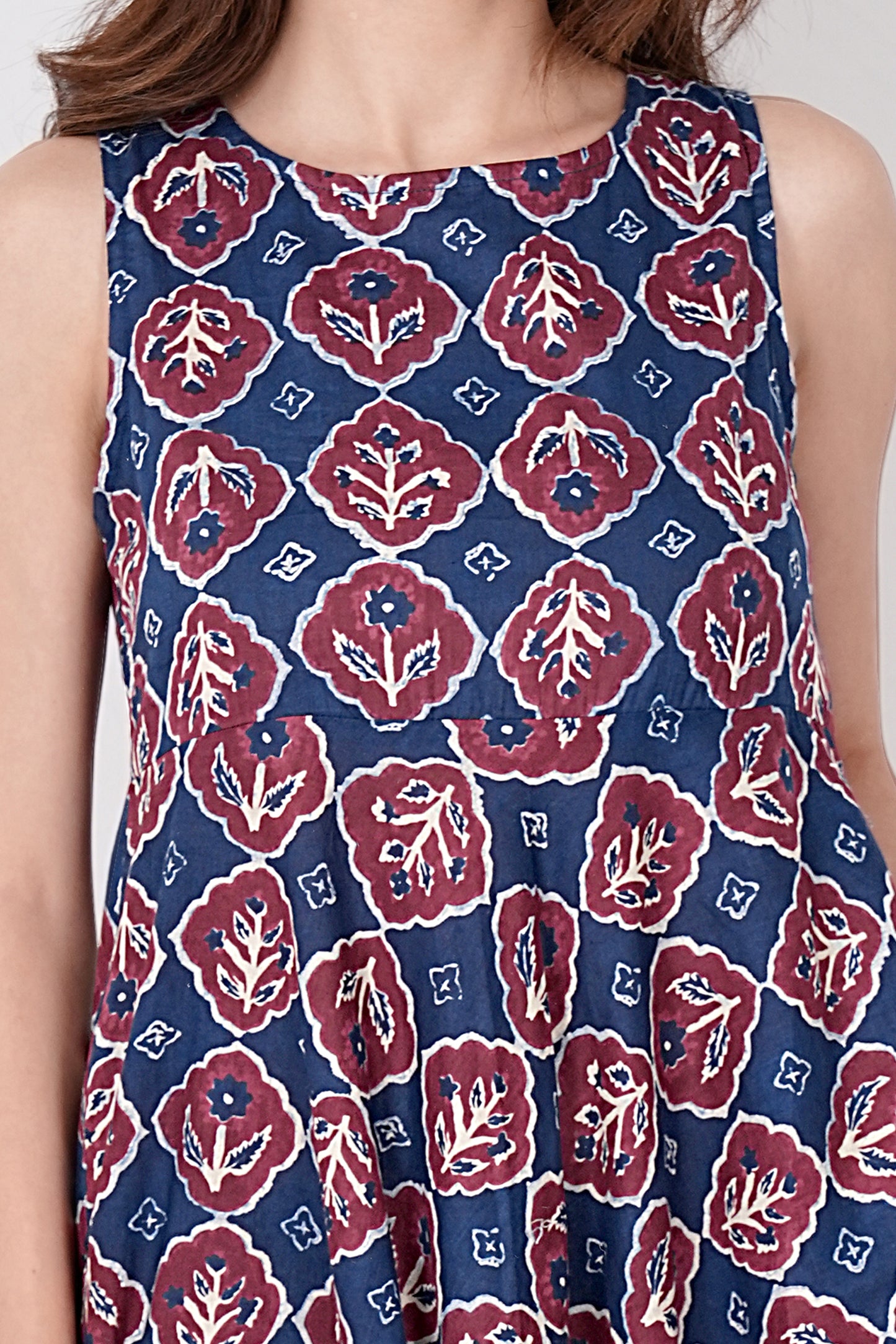 Women's Jaipuri Cotton Sleeveless Block Print Kurta & Pant Set - Dark Blue & Purple
