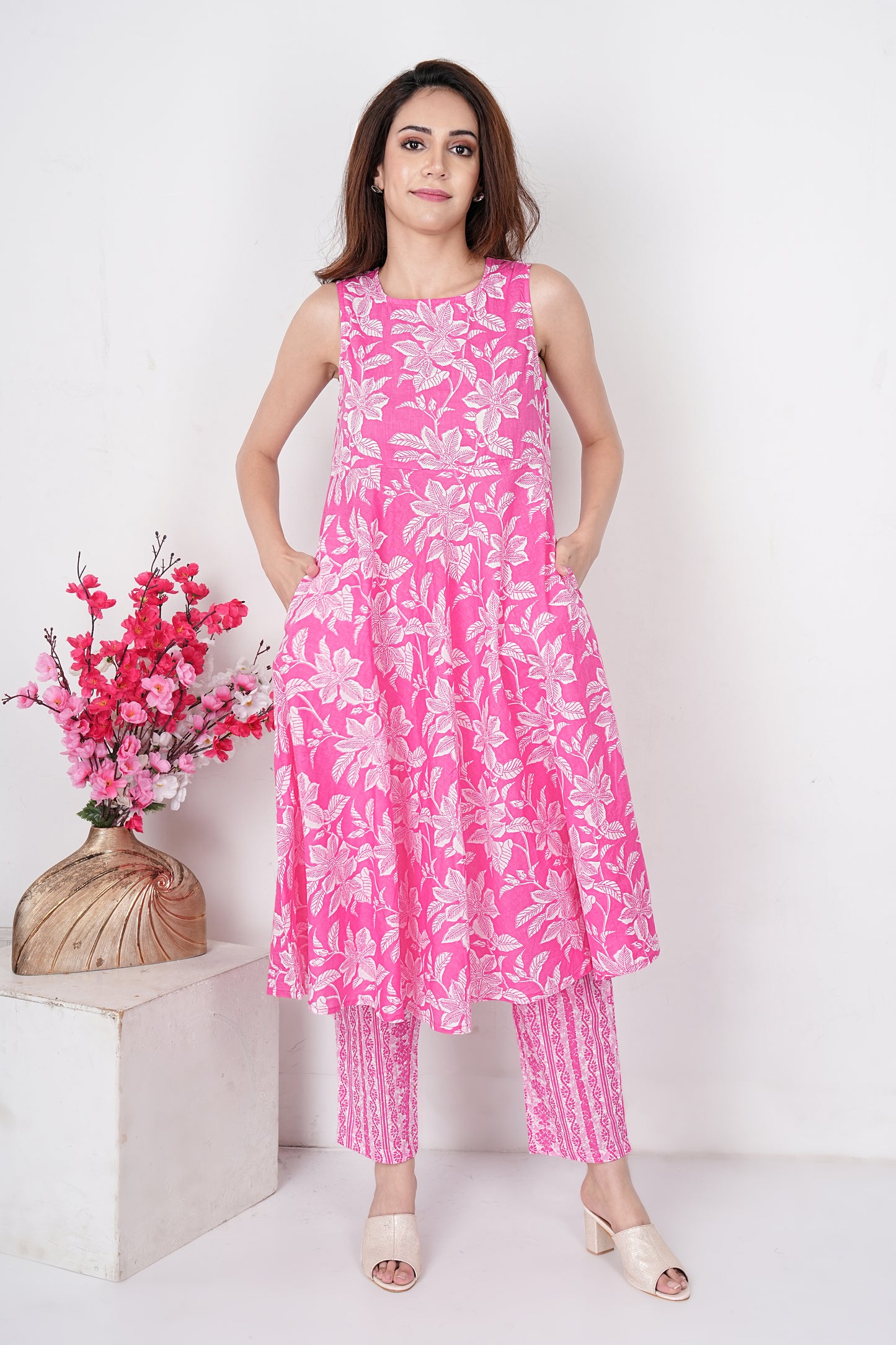 Jaipuri Block Print A-Line Kurta with Printed Pants Pink