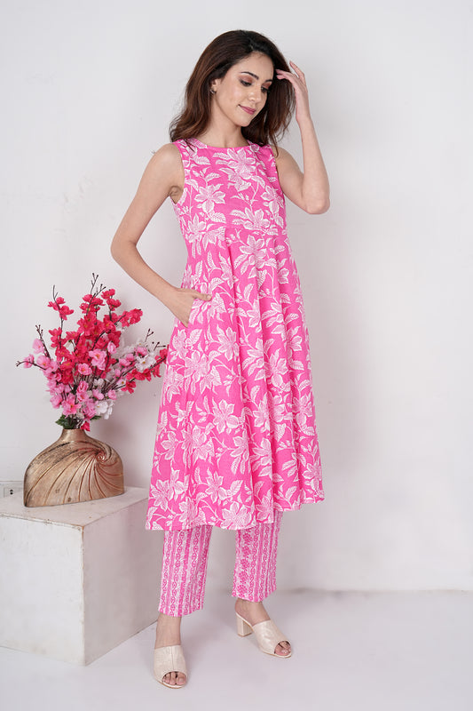 Jaipuri Block Print A-Line Kurta with Printed Pants Pink