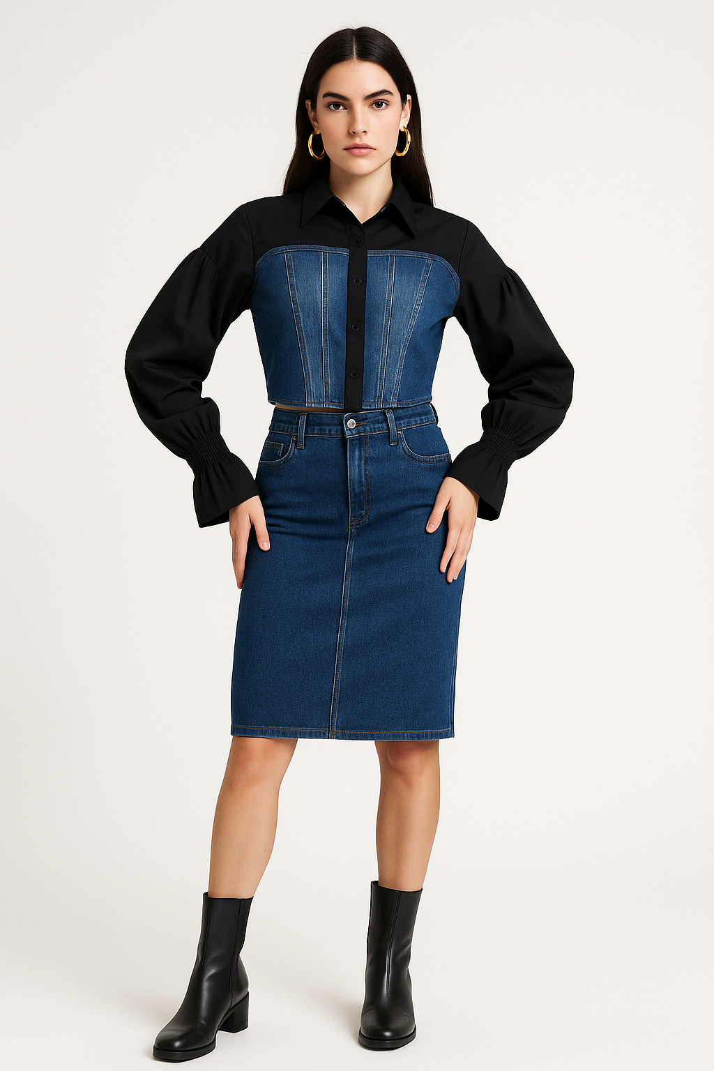 Women's Black & Blue Colorblock Denim Panel Shirt Crop Top