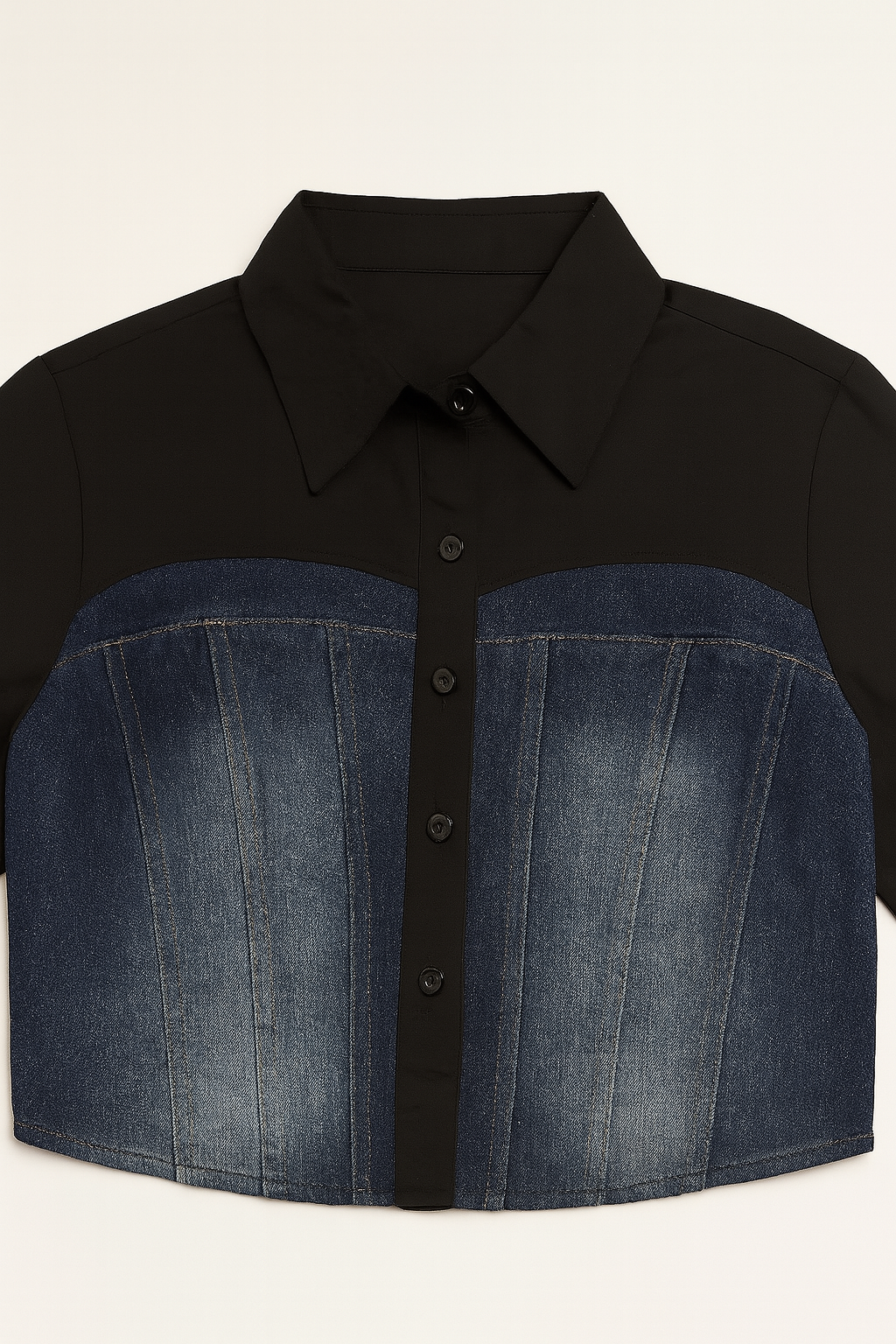 Women's Black & Blue Colorblock Denim Panel Shirt Crop Top