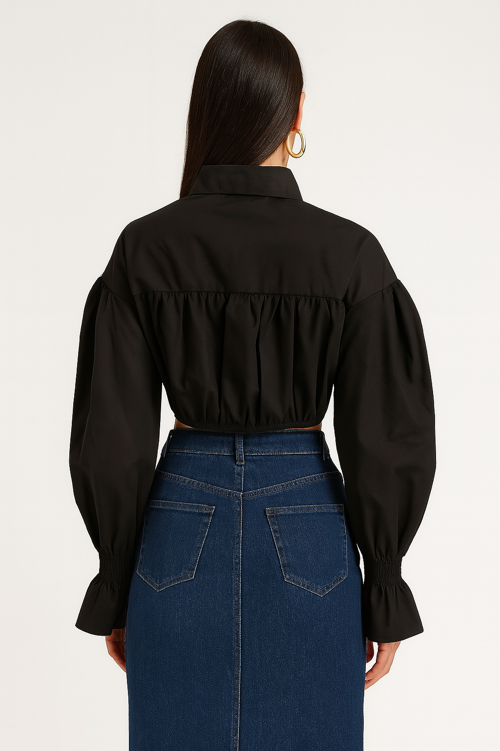 Women's Black & Blue Colorblock Denim Panel Shirt Crop Top